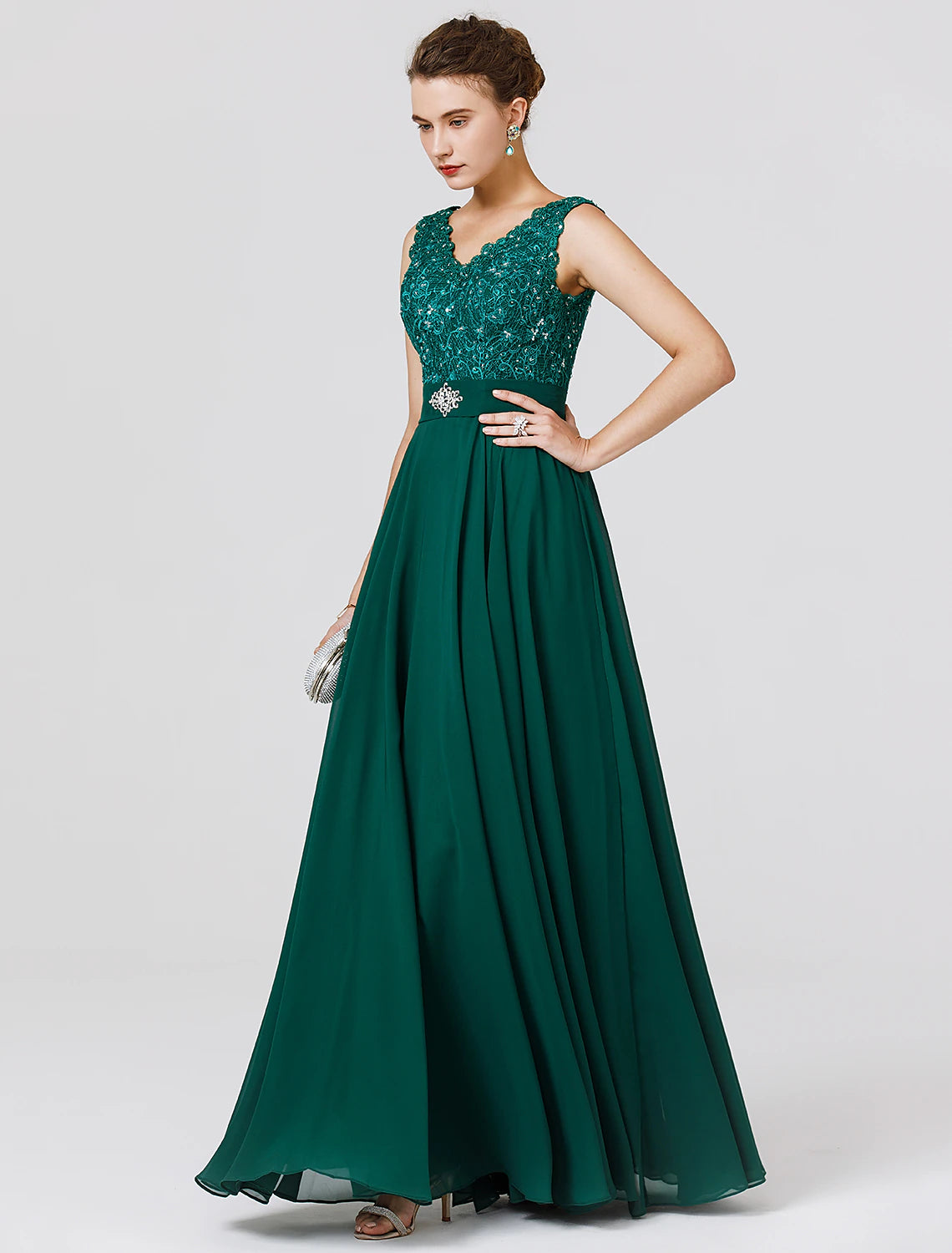 Elegant A-Line Chiffon Wedding Guest Dress - Floor Length, Sleeveless V-Neck with V-Back, Beaded Sash Ribbon | Perfect for Formal Events, Bridal Showers, and Evening Parties