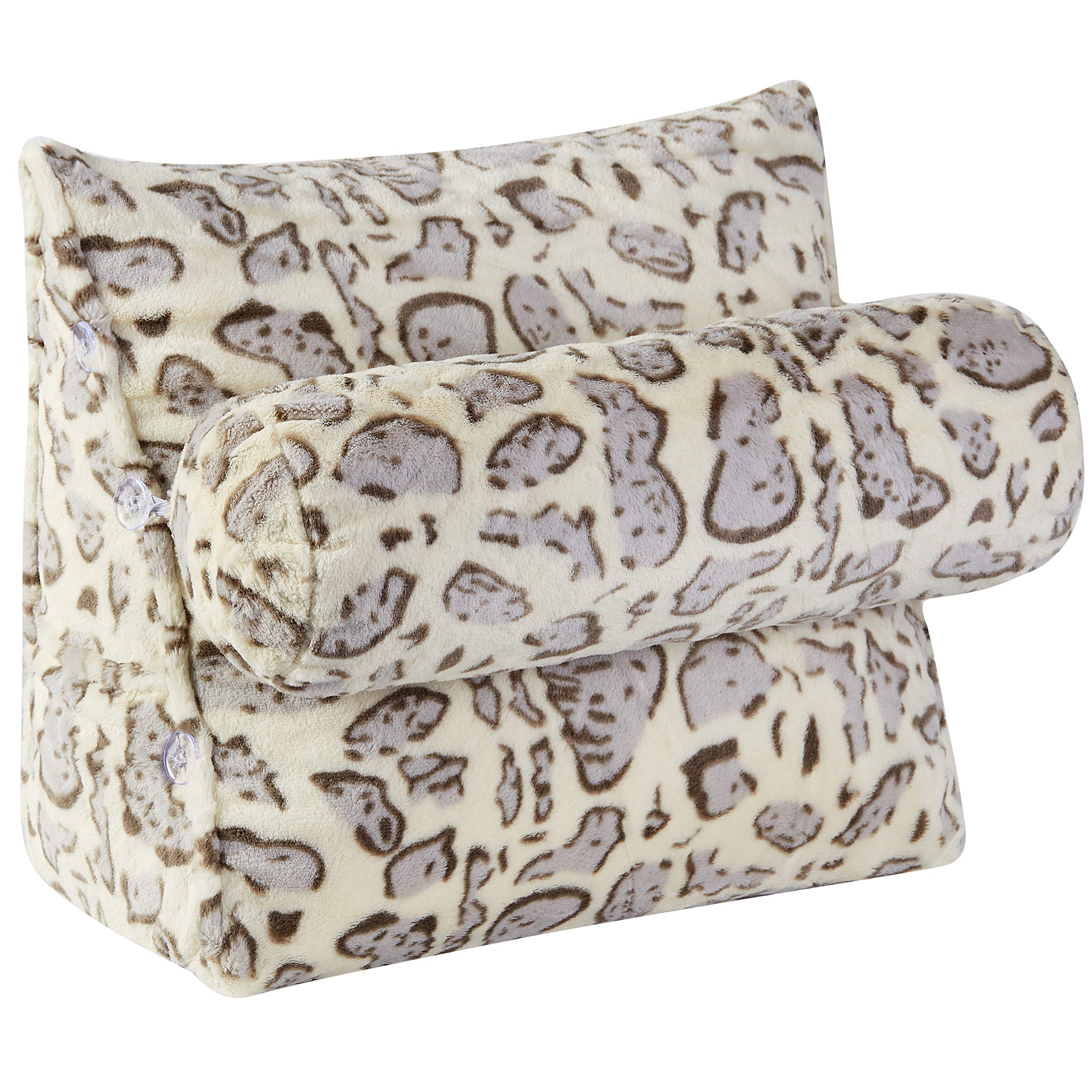 Cheer Collection Wedge Back Support Pillow with Adjustable Neck Pillow - Comfortable Reading, Gaming & Watching TV Pillow - Snow Leopard Print - Perfect for Bed, Sofa & Office Use