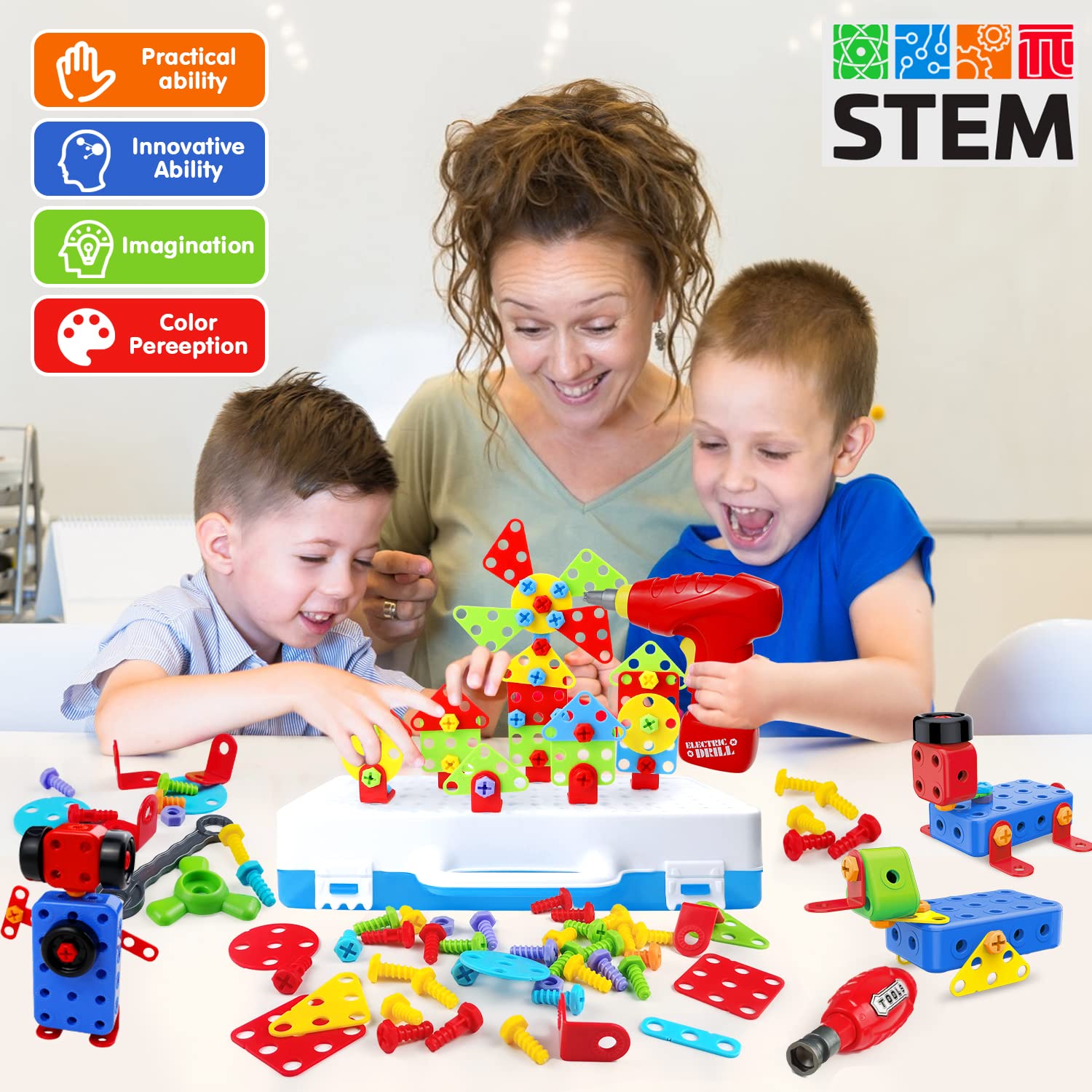 STEM Building Toys 232 Pcs - Electric Drill Construction Set for Kids Ages 3-8 | DIY Educational Engineering Kit with Mosaic Blocks | Creative Learning Gift for Boys & Girls | Perfect for Classroom STEM Activities & Home Playtime