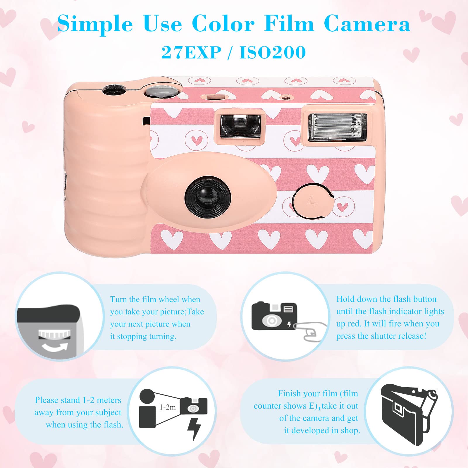 3 Pack Disposable Film Camera with Flash - Color One Time Use Cameras for Wedding, Travel, Party & Events - Perfect for Capturing Memories at Gatherings, Vacations & Special Occasions (Pink)