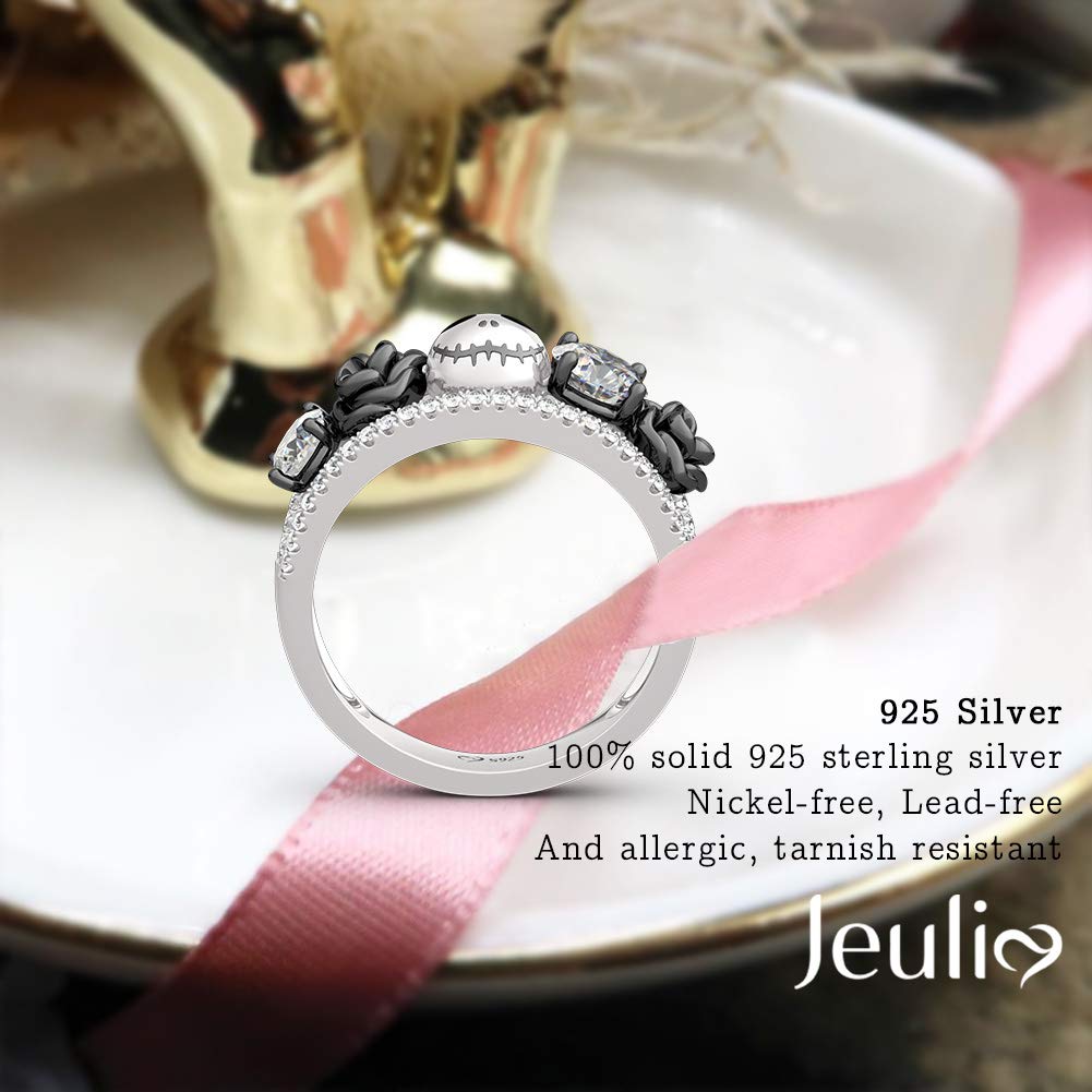 Jeulia 1.76ct Rose Flower Skull Wedding Band - 925 Sterling Silver Diamond Eternity Ring for Women - Romantic Engagement, Anniversary & Promise Jewelry Gift - Perfect for Gothic Weddings, Valentine's Day & Alternative Fashion