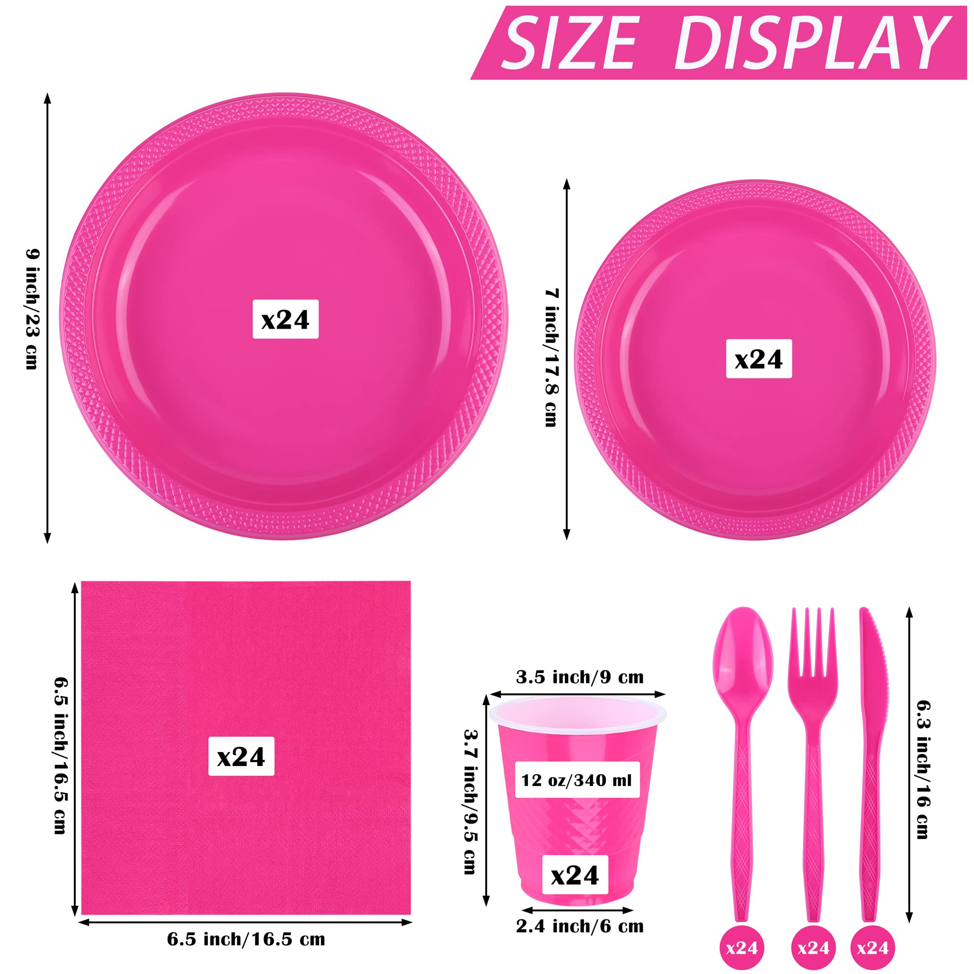 ADXCO 168-Piece Hot Pink Disposable Party Dinnerware Set - Plates, Cups, Utensils & Napkins for 24 Guests | Perfect for Birthday, Wedding, Graduation & Baby Showers | Elegant Tableware for Indoor & Outdoor Celebrations