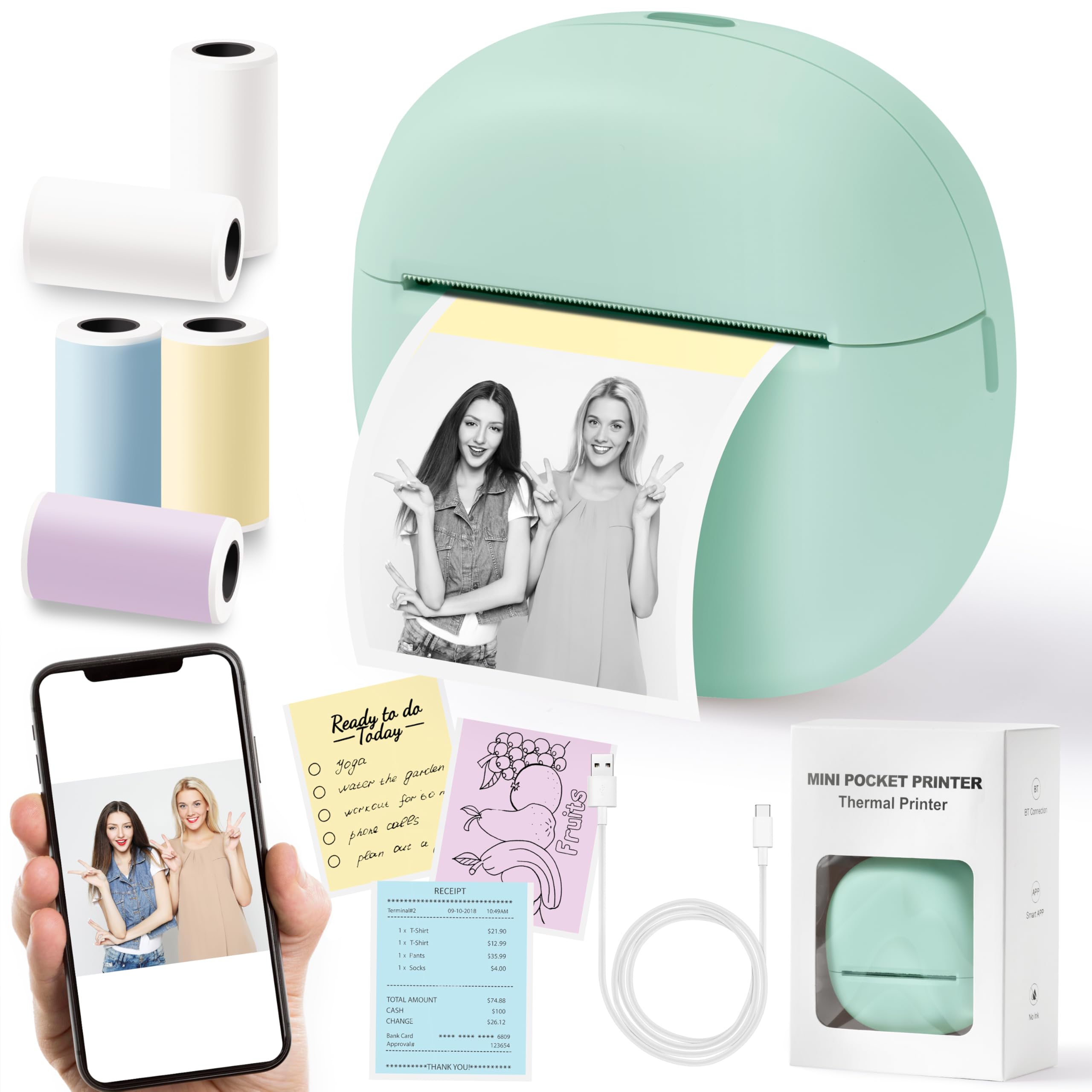 Mini Thermal Sticker Printer - Portable Bluetooth Photo Printer for iOS & Android | Wireless Label Maker with 5 Sticker Rolls | Inkless Pocket Printer for Notes, Memos & Receipts | Perfect for Home, Office & Small Business Organization (Green)