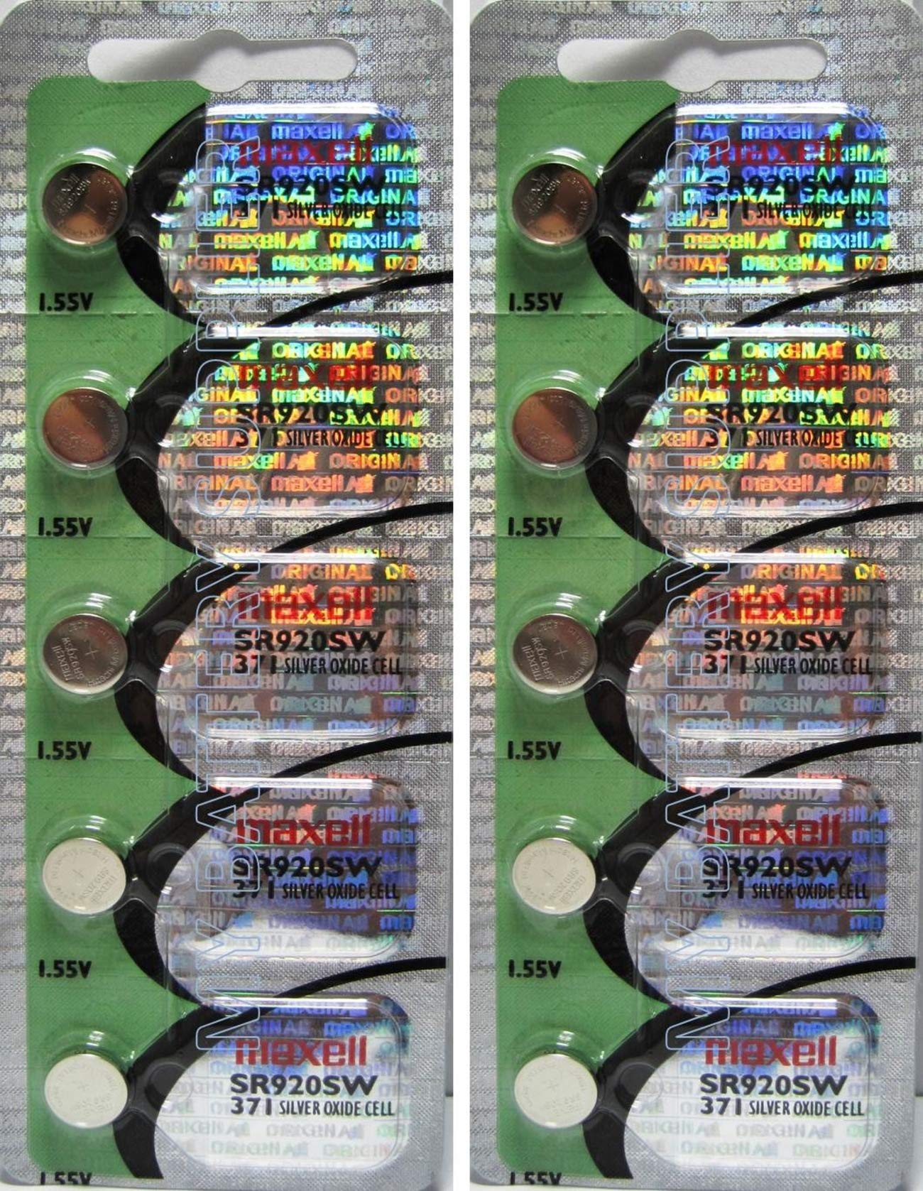 Maxell SR920SW 371 Silver Oxide Watch Battery - 10 Pack (2 x 5 Batteries) | New Hologram Packaging | Perfect for Watches, Calculators & Small Electronics