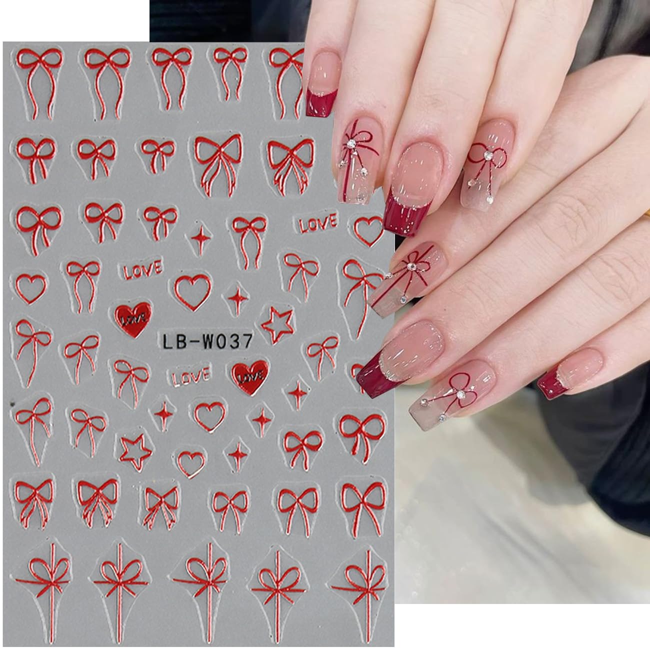 Valentine's Day 3D Heart Bow Nail Art Stickers - Self-Adhesive Nail Decals in White, Red & Pink for Women's Manicure | Perfect for Romantic Dates, Bridal Showers & Daily Nail Art Designs