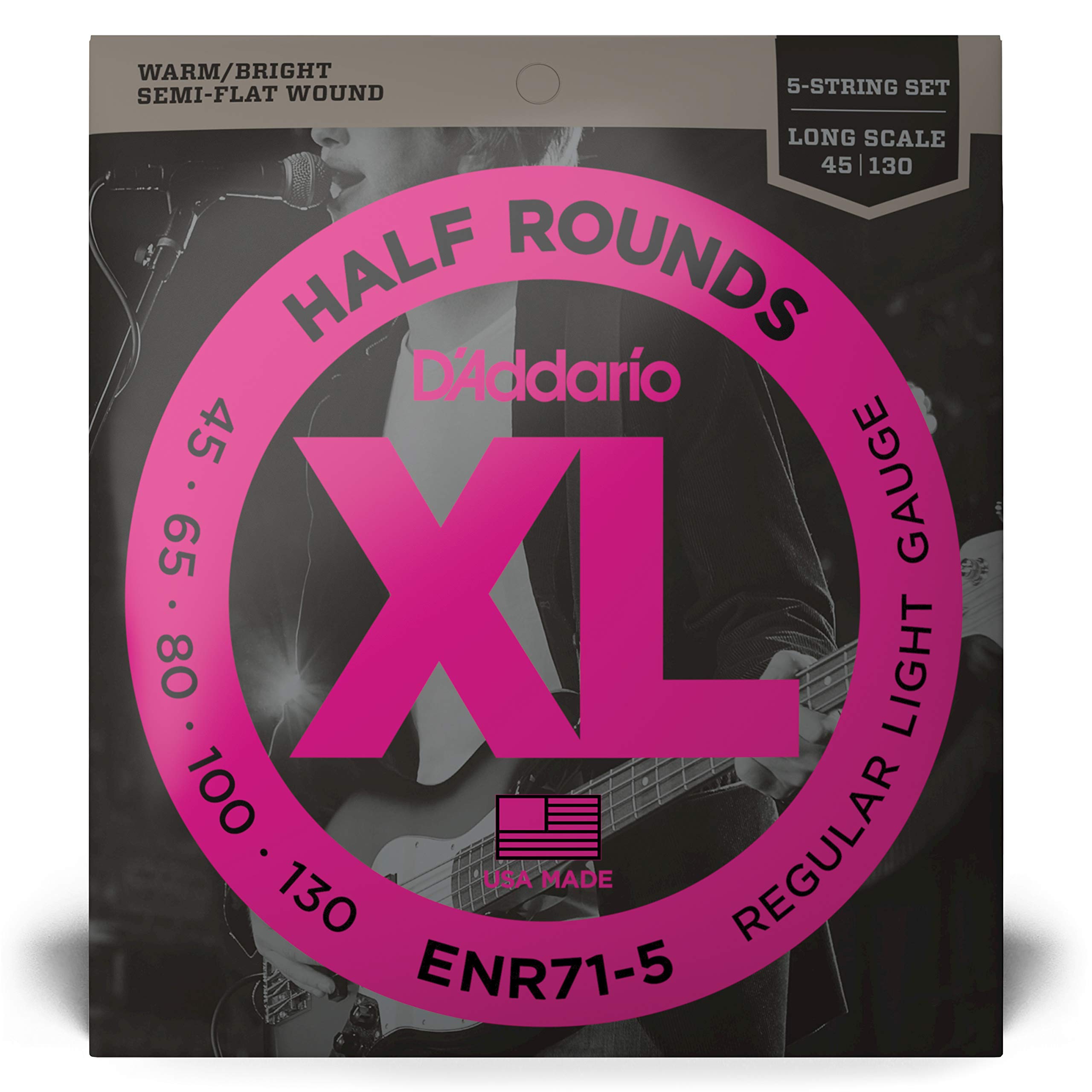 D'Addario XL Nickel Half Round Bass Guitar Strings - ENR71-5, Long Scale, Regular Light Gauge 45-130, 5-String Set (Pack of 1) | Smooth Playability & Warm Tone for Jazz, Blues & Studio Recording