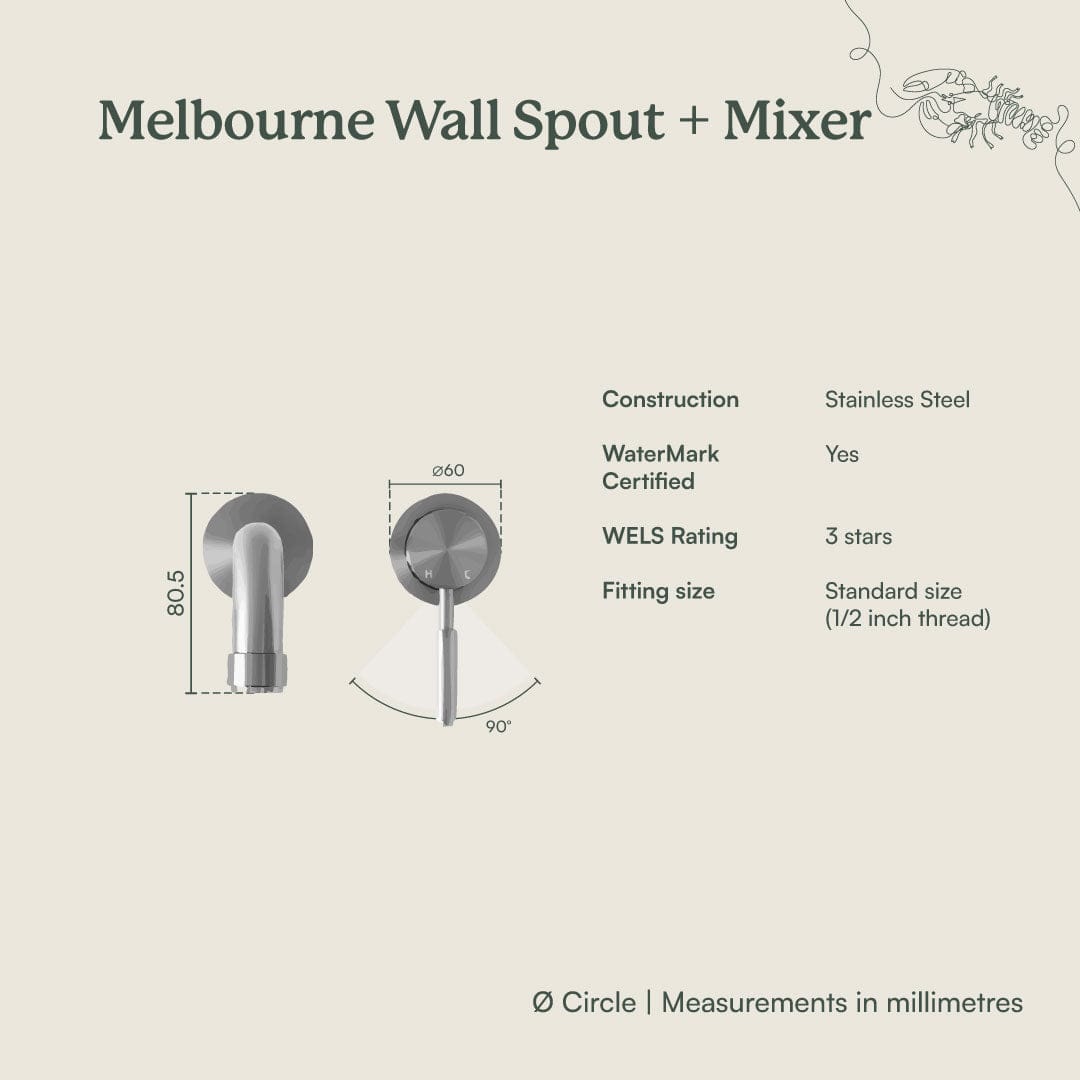 Brushed Brass Melbourne Wall Spout with Mixer - Modern Bathroom Faucet for Sink and Vanity - Perfect for Home and Hotel Renovations