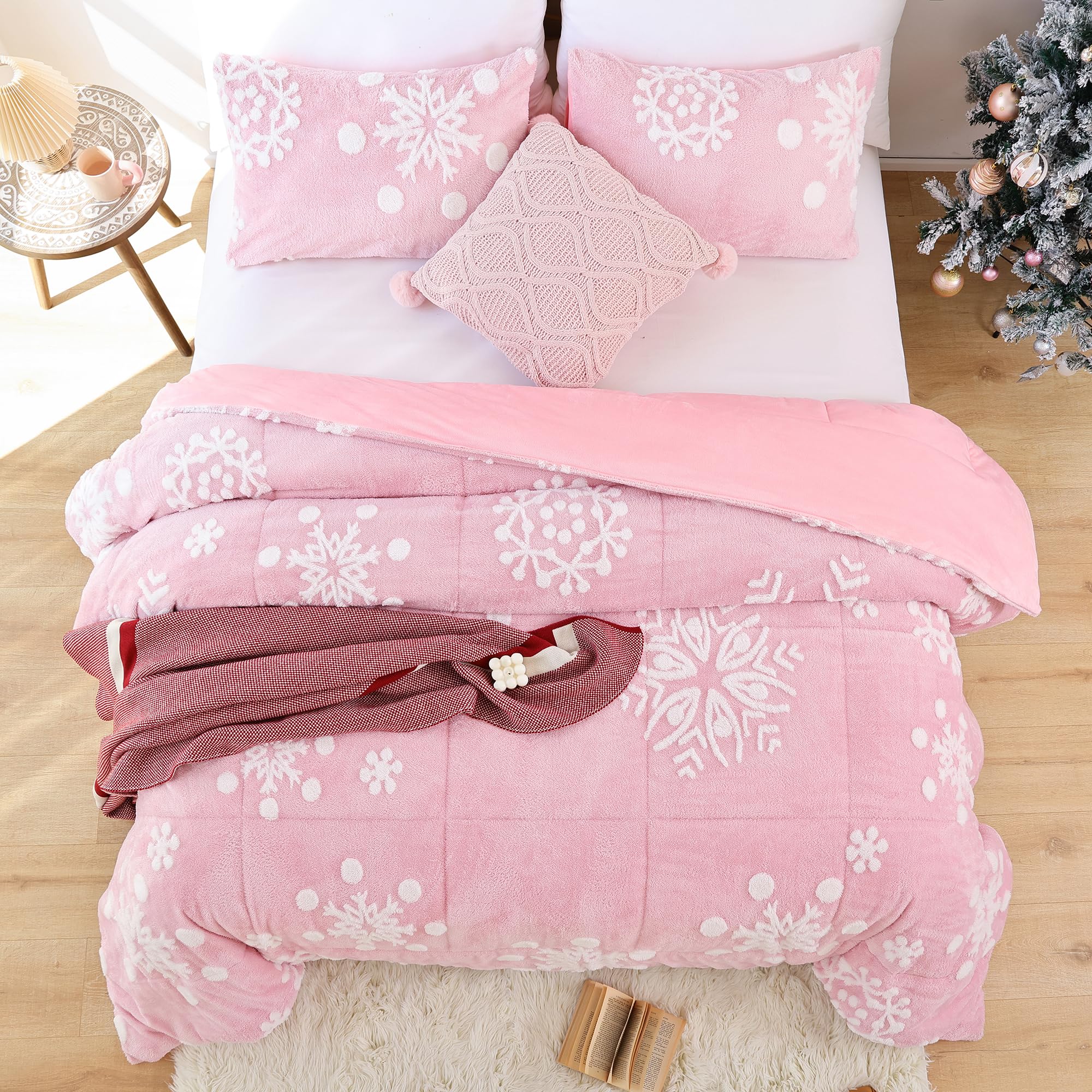JANZAA Pink Velvet Christmas Comforter Set Queen Size - 3 Piece Soft Fluffy Bedding with 3D White Snowflake Design for Holiday Decor & Cozy Winter Nights