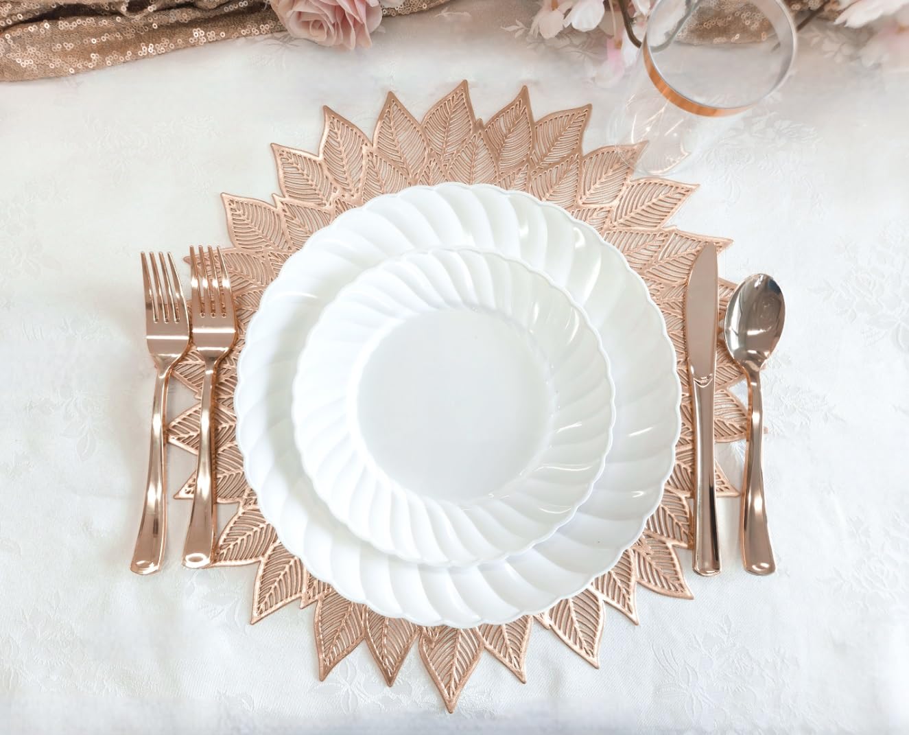 120-Piece Pressed Vinyl Metallic Placemats Set - Elegant Rose Gold Wedding Table Decor for Parties, Banquets & Special Occasions