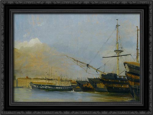Jean Baptiste Camille Corot Toulon 'Vaisseaux De Guerre Desarmes' 24x18 Black Ornate Wood Framed Canvas Art - Perfect for Living Room, Bedroom & Office Wall Decor