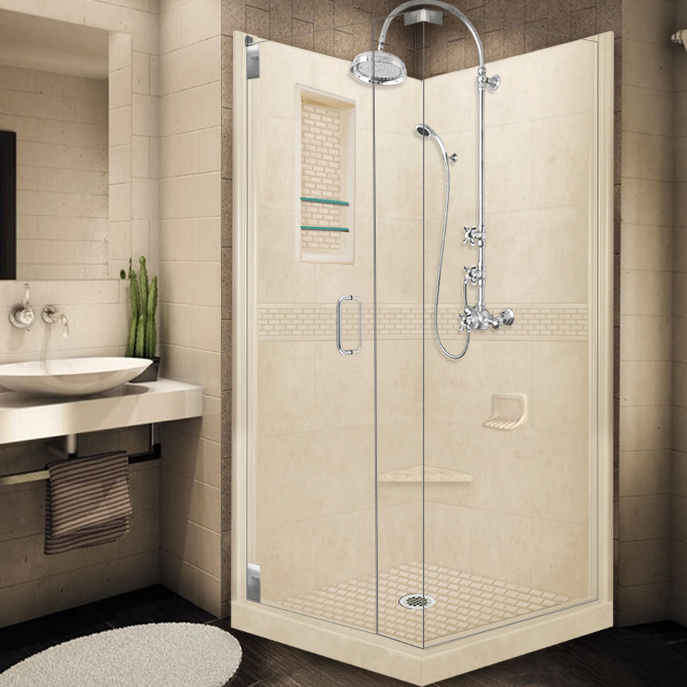 DIY Shower Remodel Kit - Corner Desert Sand Sistine Stone & Classic Stone Accent | Waterproof Bathroom Wall Tile for Shower Renovation & Home Improvement