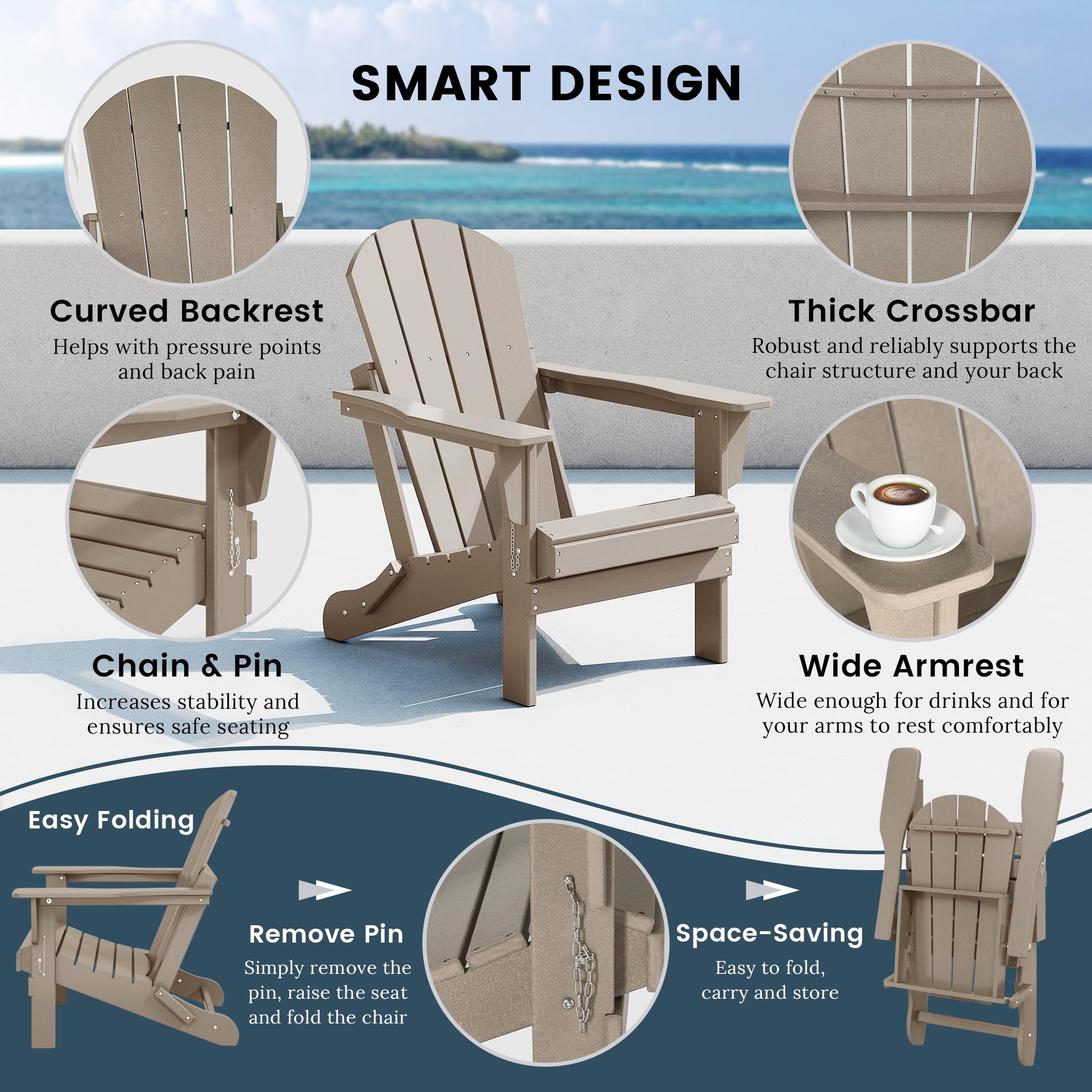 **WO Home Furniture Adirondack Chair Lounger - Outdoor Folding Chair for Fire Pit, Beach, Balcony, Backyard, Lawn, Patio, Pool, Deck & Garden - Weathered Wood Finish - Perfect for Relaxing, Sunbathing & Outdoor Gatherings**