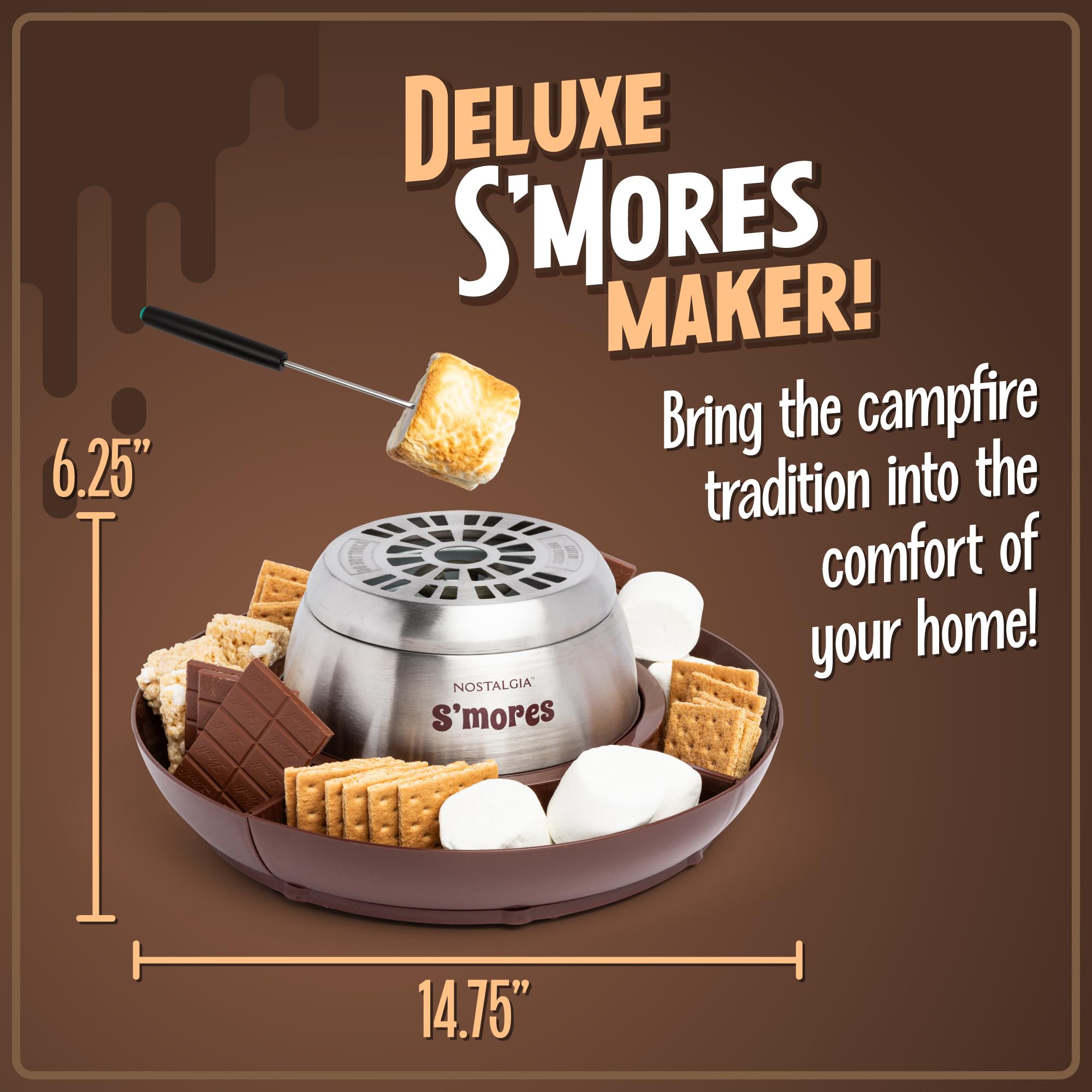 Nostalgia Indoor Electric S'Mores Maker - Stainless Steel Smores Machine with 4 Rotating Trays for Graham Crackers, Chocolate & Marshmallows - Includes 4 Roasting Forks - Perfect for Family Gatherings, Camping Parties & Cozy Winter Nights