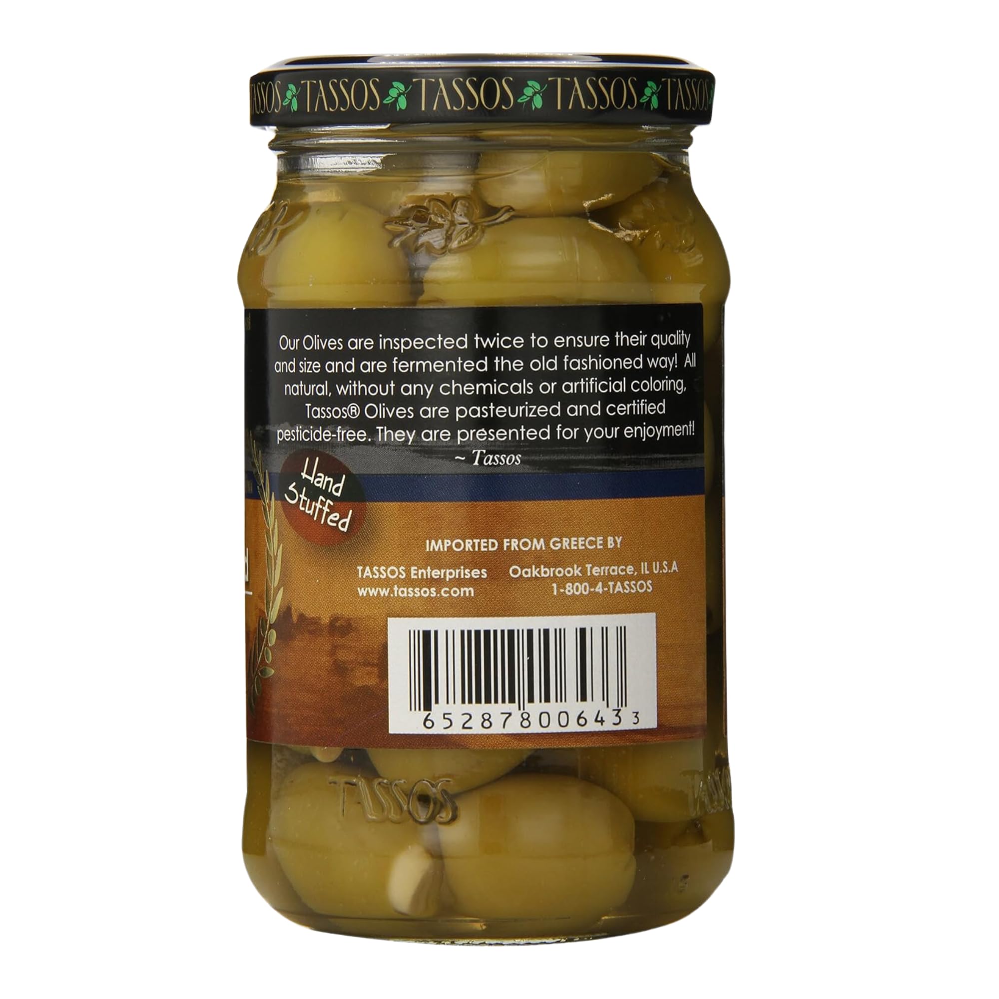 Tassos Garlic Stuffed Green Olives - 13 oz Jar | Premium Mediterranean Snack for Charcuterie Boards, Salads & Cocktails