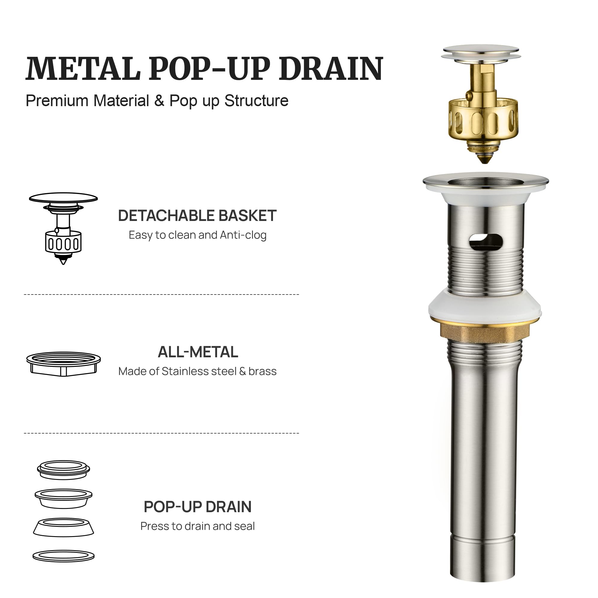 Brushed Nickel Pop Up Sink Drain Stopper with Overflow - Small Metal Drain Strainer with Detachable Basket for Bathroom Vessel & Vanity Sinks - Perfect for Modern Bathroom Renovations and Art Basin Installations