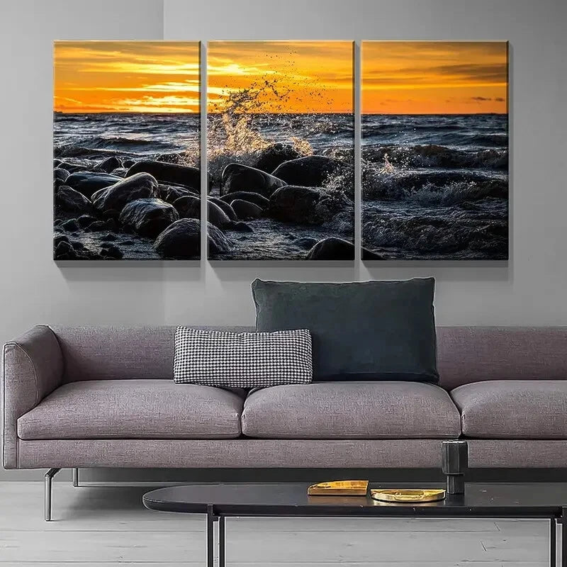 3-Piece Sunset Sea and Stones Metal Wall Art - Ready to Hang Coastal Decor for Living Room, Bedroom & Office