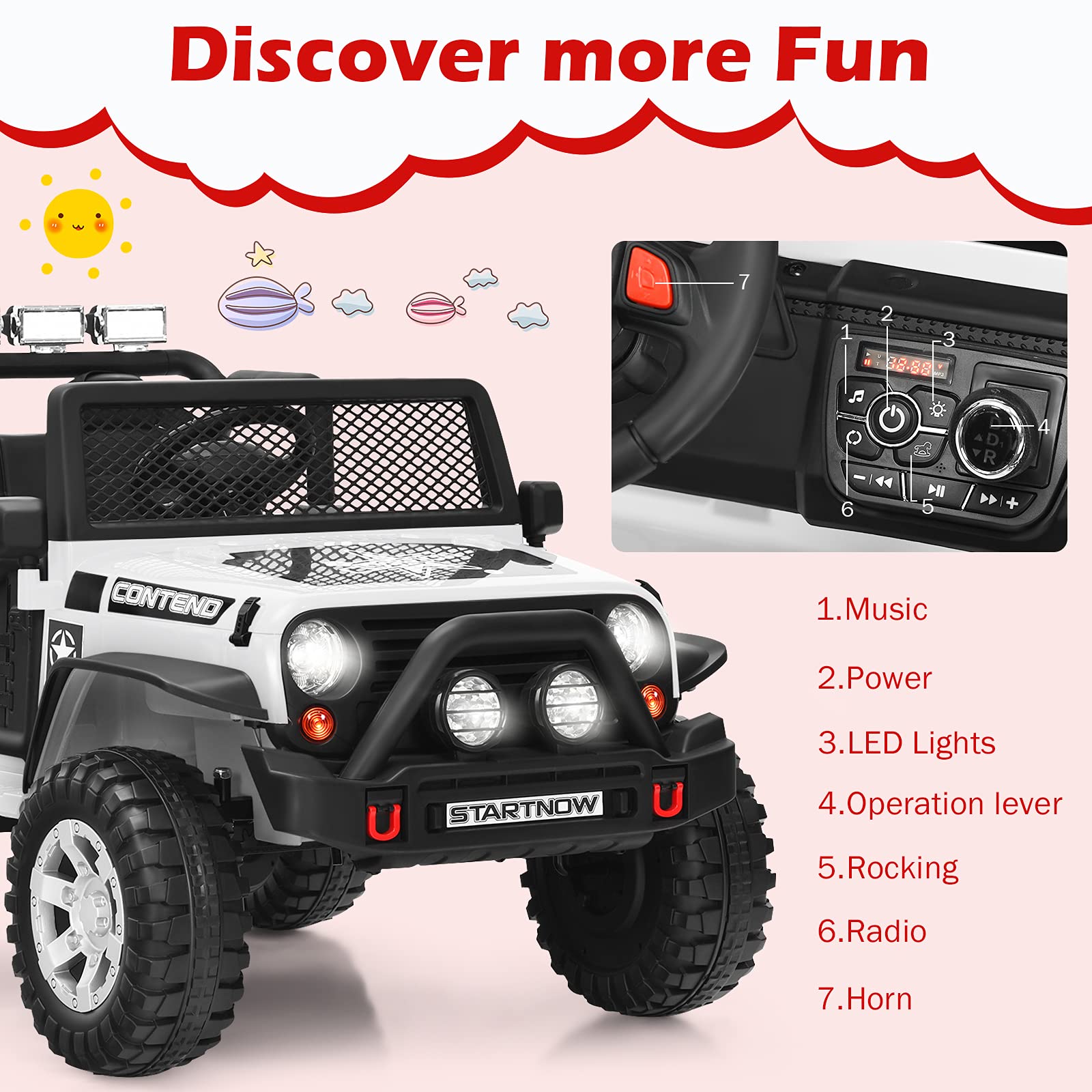OLAKIDS 12V 2-Seat Battery Powered Electric Ride-On Truck for Kids - Remote Control Toy Car with Spring Suspension, LED Lights & Music - Perfect for Toddlers Outdoor Play & Birthday Gifts