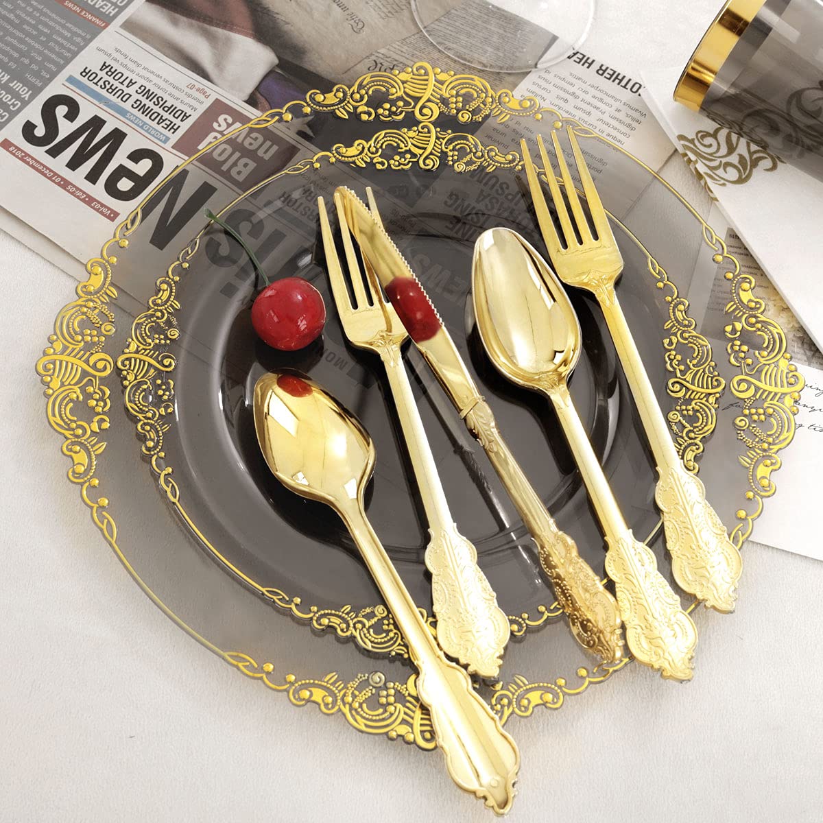 Nervure 175-Piece Black & Gold Plastic Dinnerware Set for 25 Guests - Disposable Plates, Cups, Forks, Knives, Spoons & Napkins - Elegant Party Supplies for Weddings, Birthdays & Events