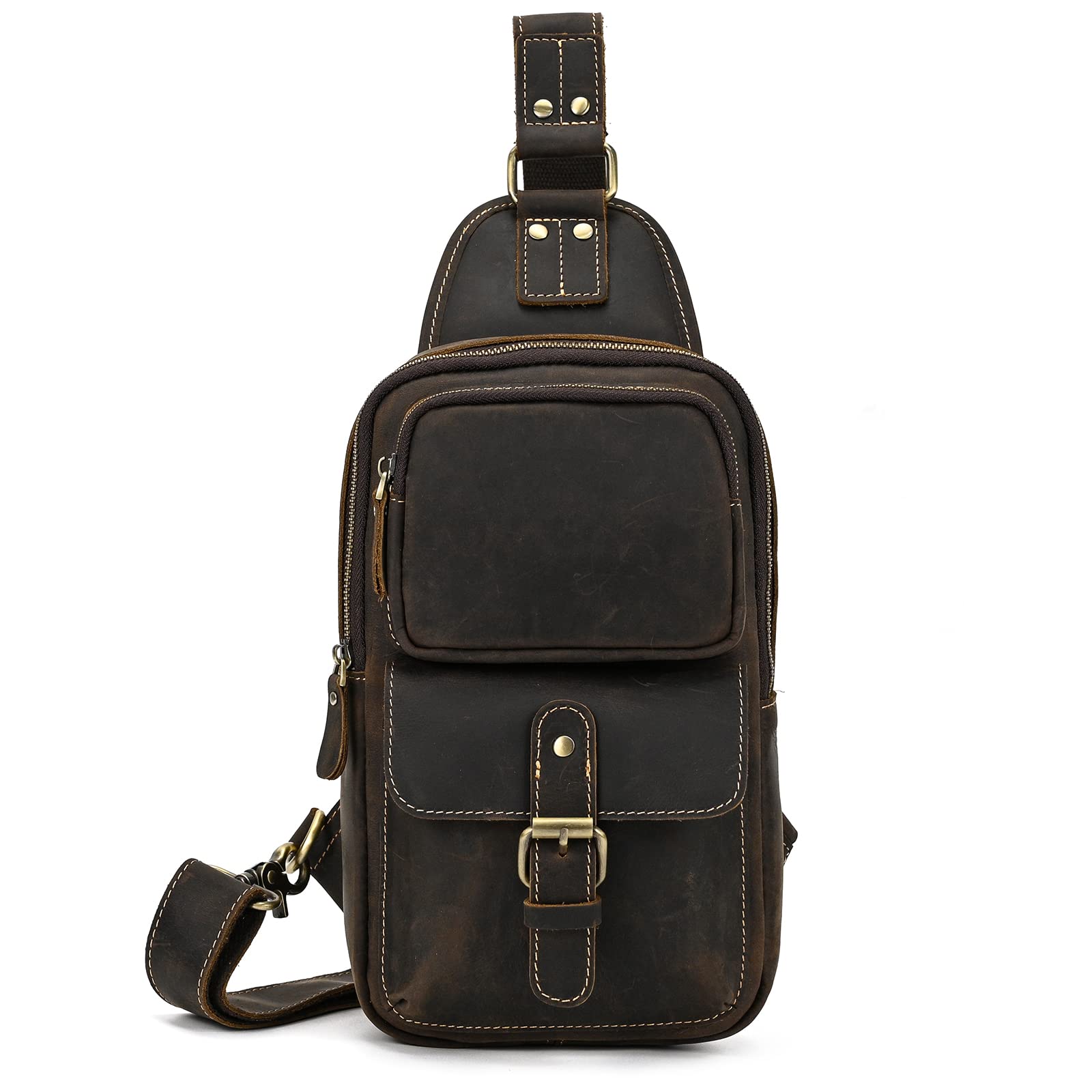 Men's Leather Crossbody Chest Sling Bag - Fashionable Casual Travel & Hiking Shoulder Strap Bag (Dark Brown) - Perfect for Outdoor Adventures, Daily Commute & Hands-Free Convenience