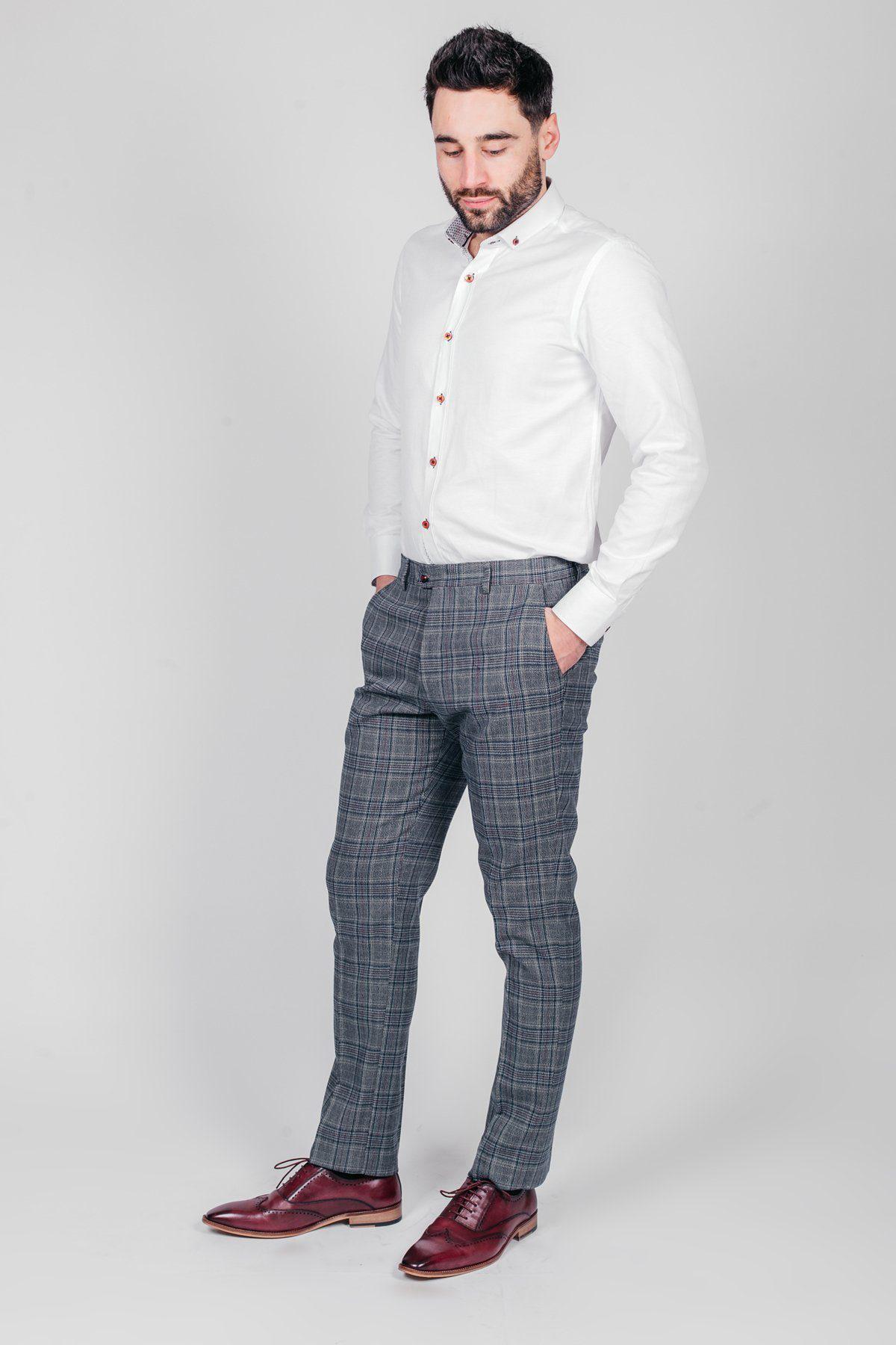 ENZO Blue Grey Check Tweed Trousers for Women - Classic Vintage High Waist Pants for Office, Dating & Fall Fashion