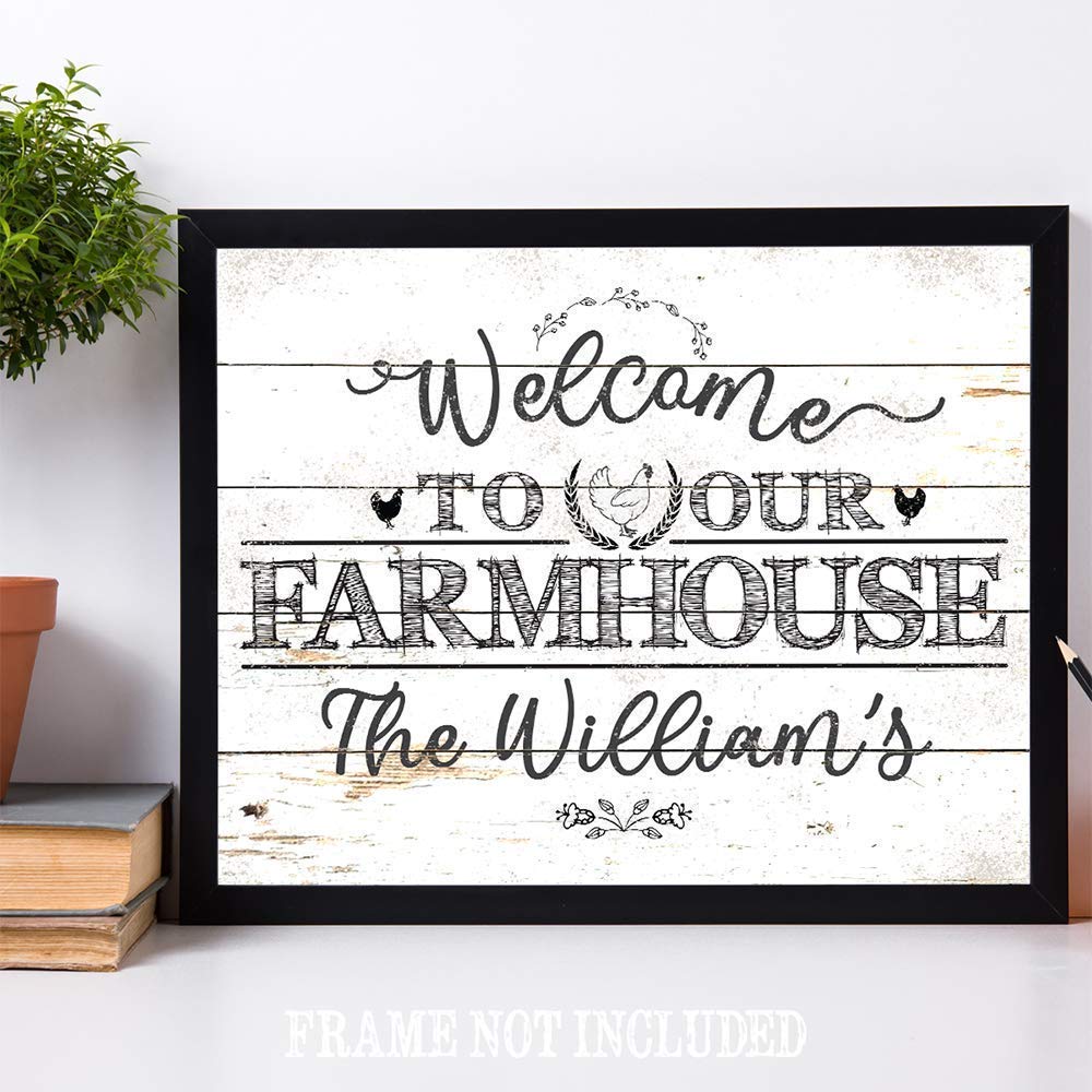Personalized Farmhouse Welcome Sign - Custom Name Print, Chicken Coop Decor, Family Farm Gift - 11x14 Unframed Wood Style Poster - Perfect for Front Porch, Country Kitchen & Rustic Home Decor