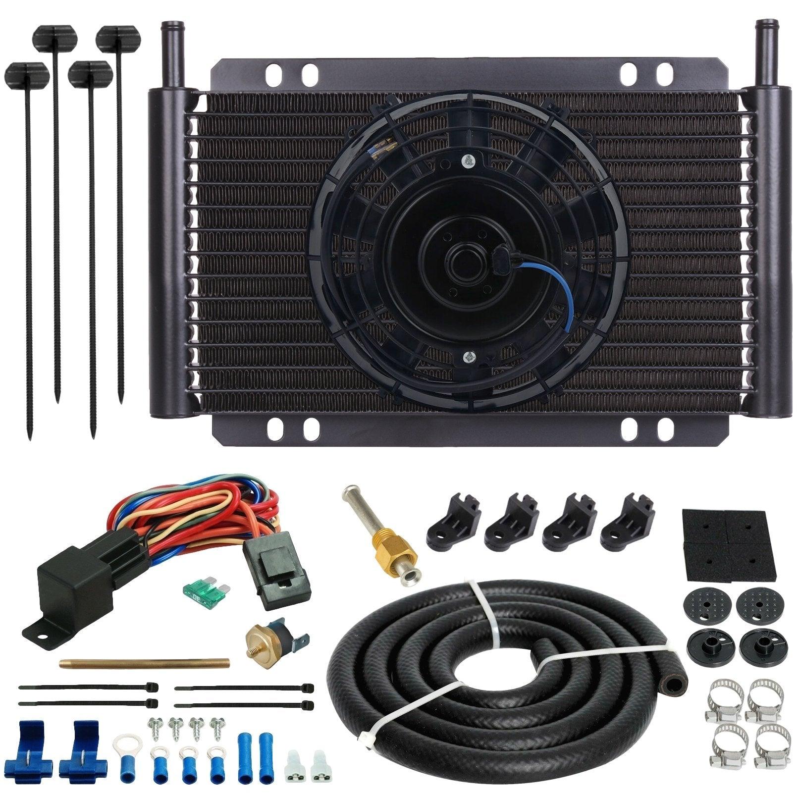 17 Row Aluminum Transmission Cooler with Electric Fan - High Efficiency Cooling Fin Design, Adjustable Thermostat & Temperature Switch - Perfect for Car, Truck & RV Cooling Systems