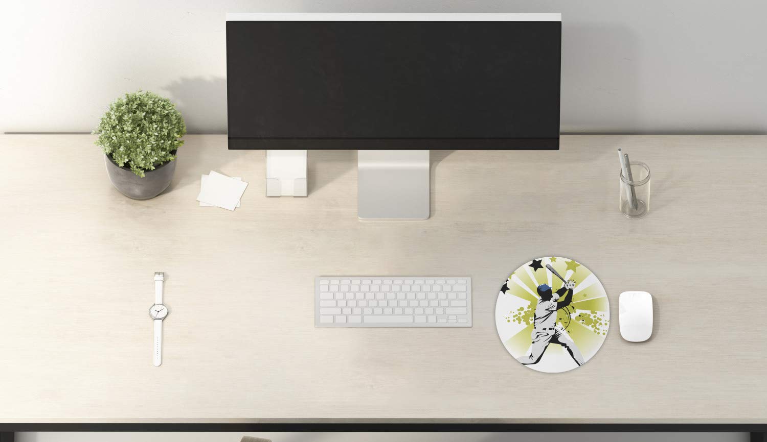 Ambesonne Baseball Themed Mouse Pad - Non-Slip Thick Rubber Gaming Mousepad with Pitcher Graphic, 8 Inch Round Computer Mouse Mat in White & Green - Perfect for Baseball Fans, Gamers & Office Use