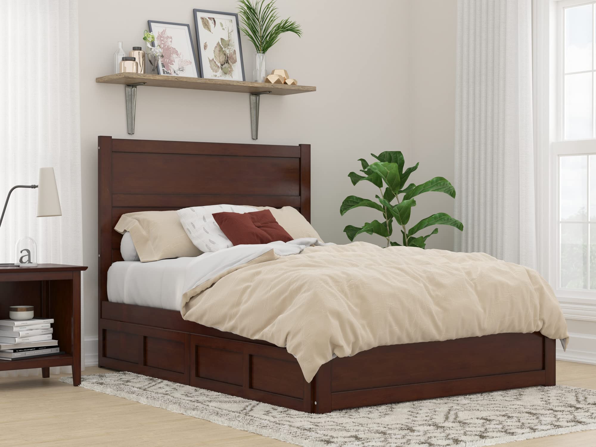 AFI NoHo Full Size Platform Bed with Footboard & Storage Drawers in Walnut - Modern Wooden Bed Frame for Small Spaces & Guest Rooms - Perfect for Apartments, Dorms & Home Bedrooms