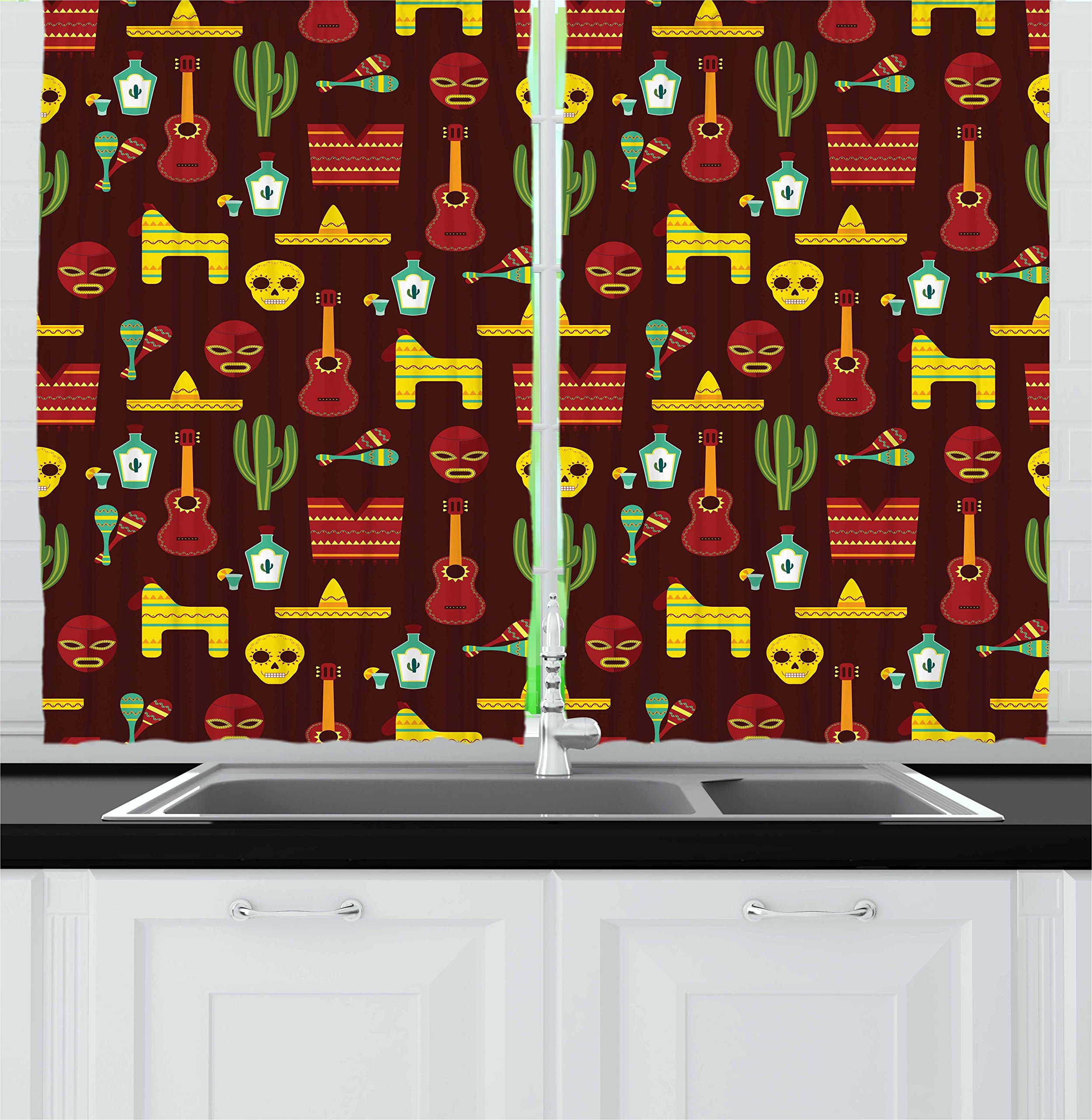 Ambesonne Mexican Kitchen Curtains 2 Panel Set - Traditional Cultural Design with Music, Tequila & Saguaro Cactus Print, 55