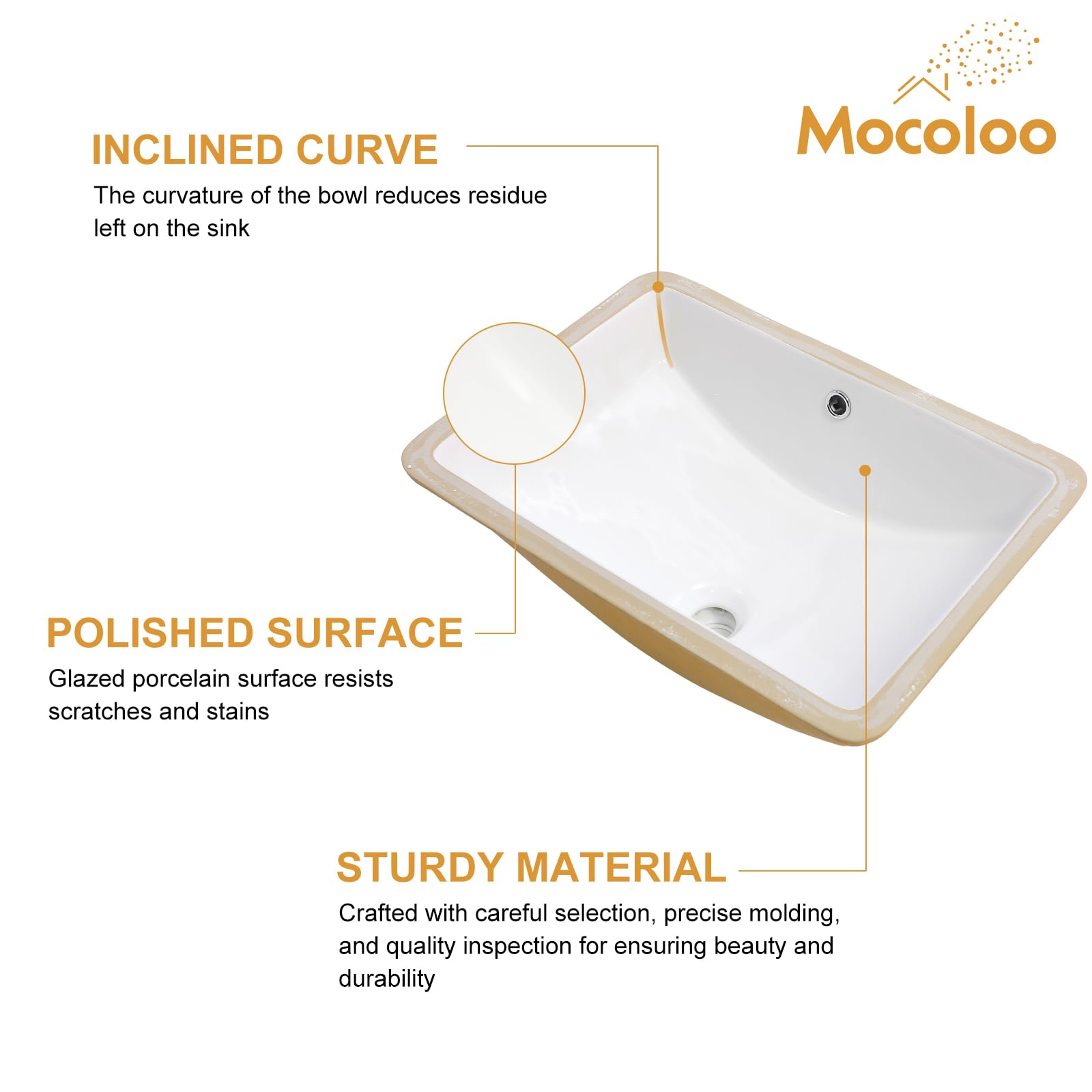 Mocoloo 21x14 Inch White Ceramic Undermount Bathroom Sink - Rectangular Vanity Sink with Overflow Drain, White Porcelain Lavatory Basin for Modern Bathroom & Powder Room Countertops