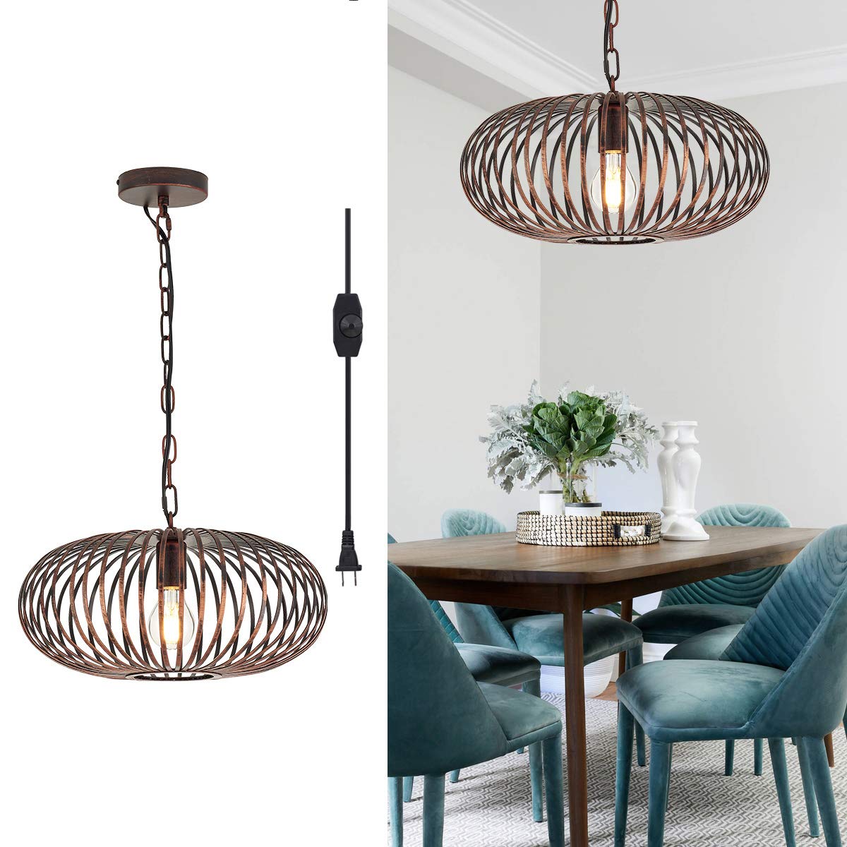 YLONG-ZS Vintage Round Pendant Light - Industrial Retro Iron Hanging Chandelier with E26 Base for Kitchen Island, Dining Room, Bar & Cafe (Bronze Finish, Bulbs Not Included) | Perfect for Farmhouse, Loft & Industrial Style Decor