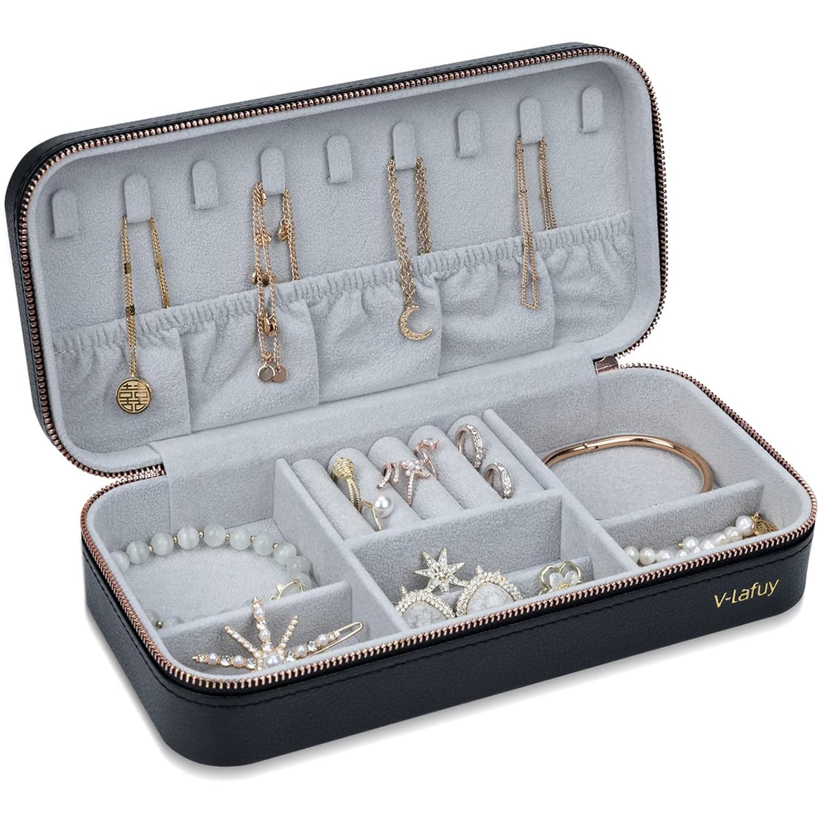 Portable Travel Jewelry Organizer Box for Women - Compact Jewelry Case for Rings, Earrings, Necklaces, Bracelets & Watches (Black) | Perfect for Vacation, Business Trips & Daily Storage