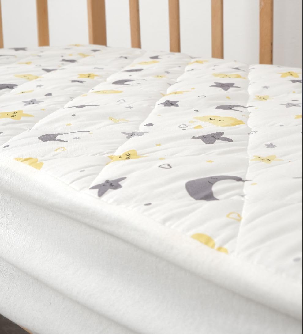 Waterproof Crib Mattress Protector - 100% Cotton Quilted Absorbent Sheet for Baby & Toddler - Certified Noiseless Machine Washable - Moon & Star Pattern 52