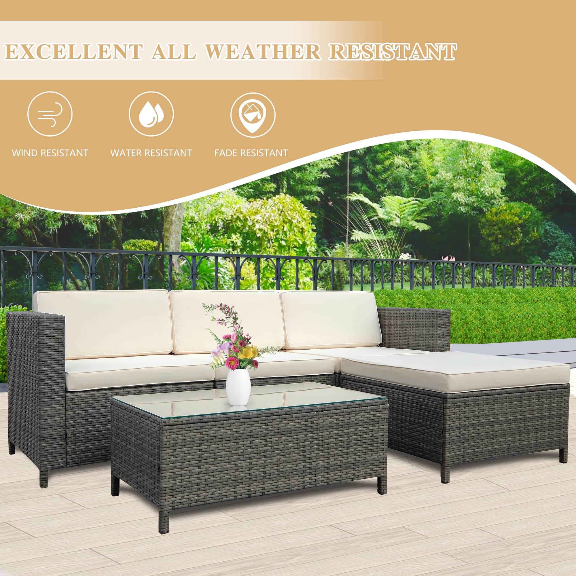 5-Piece Outdoor Patio Sectional Furniture Set - Weather-Resistant Rattan Sofa with Waterproof Cushions for Balcony, Porch, Backyard, Deck & Garden - Beige - Perfect for Relaxing, Entertaining & Outdoor Gatherings