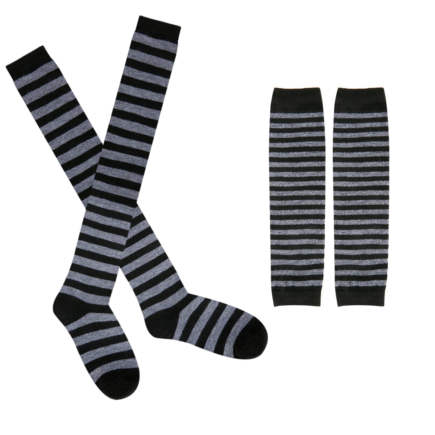 Benefeet Women's Striped Thigh High Socks & Arm Warmers Set with Fingerless Gloves - Over Knee High Stockings for Halloween Costumes, Cosplay, and Winter Fashion Outfits