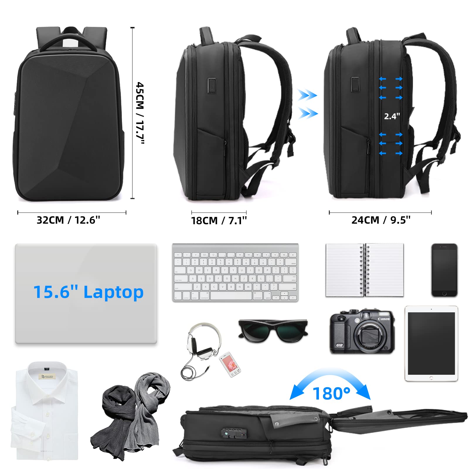 FENRUIEN Anti-Theft Laptop Backpack for Men - Expandable Waterproof Hardshell Business Backpack with USB Charging Port - 15.6 Inch Travel Computer Bag for Work, Commuting & College (Black)