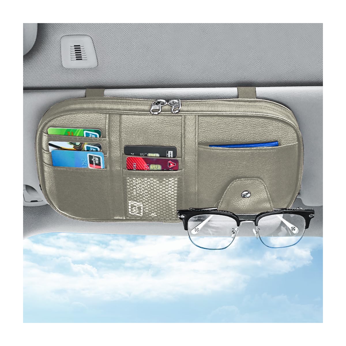 Car Sun Visor Organizer - Multi-Pocket Sunglass Holder & Storage Pouch for License, Pen, Keys | Auto Interior Accessories for Truck, SUV, Van | Perfect for Road Trips, Daily Commute & Organization (Beige)