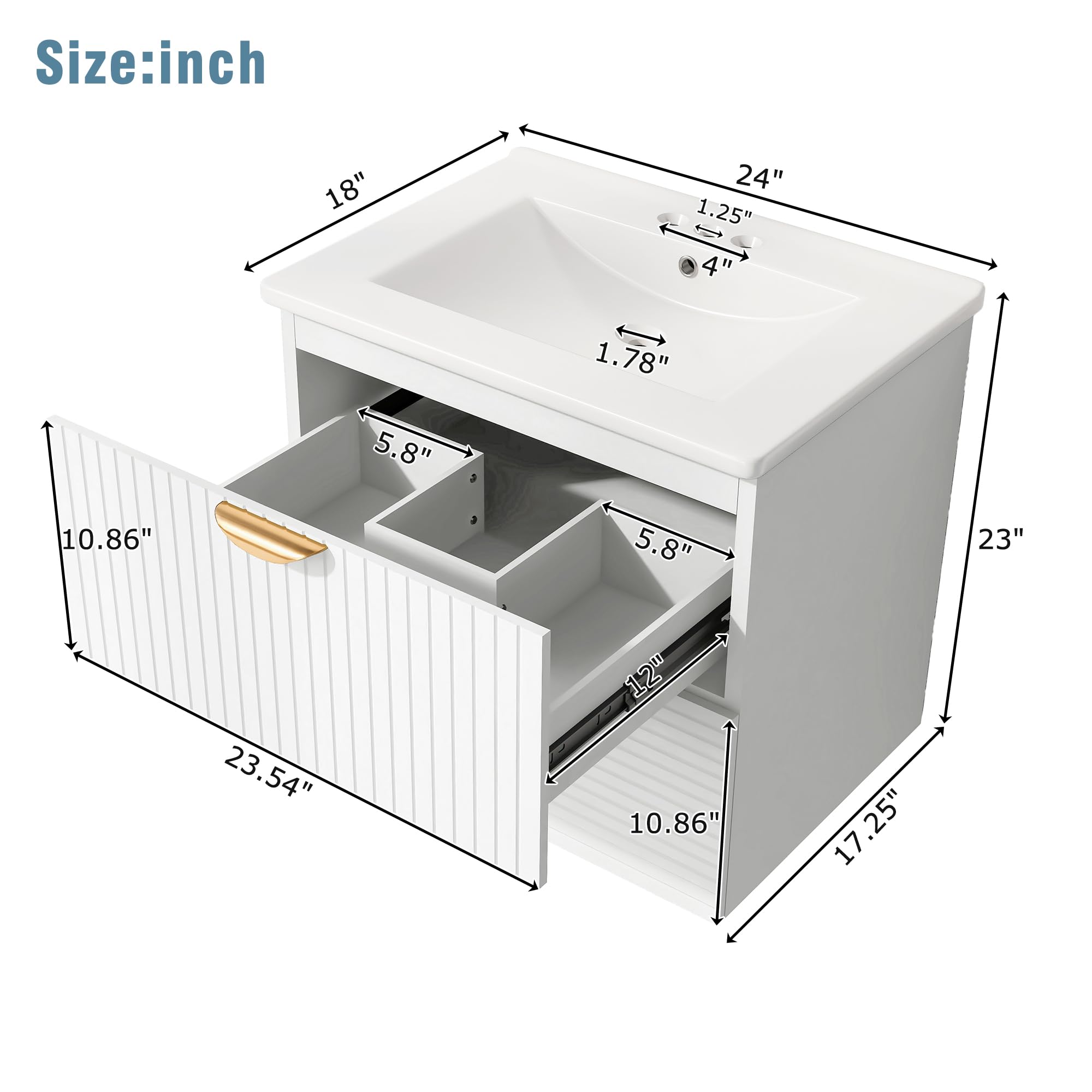 Polibi Modern 24-Inch Floating Wall-Mounted Bathroom Vanity with 2 Drawers & Top Sink - Space-Saving Storage Solution for Small Bathrooms, Powder Rooms & Apartments