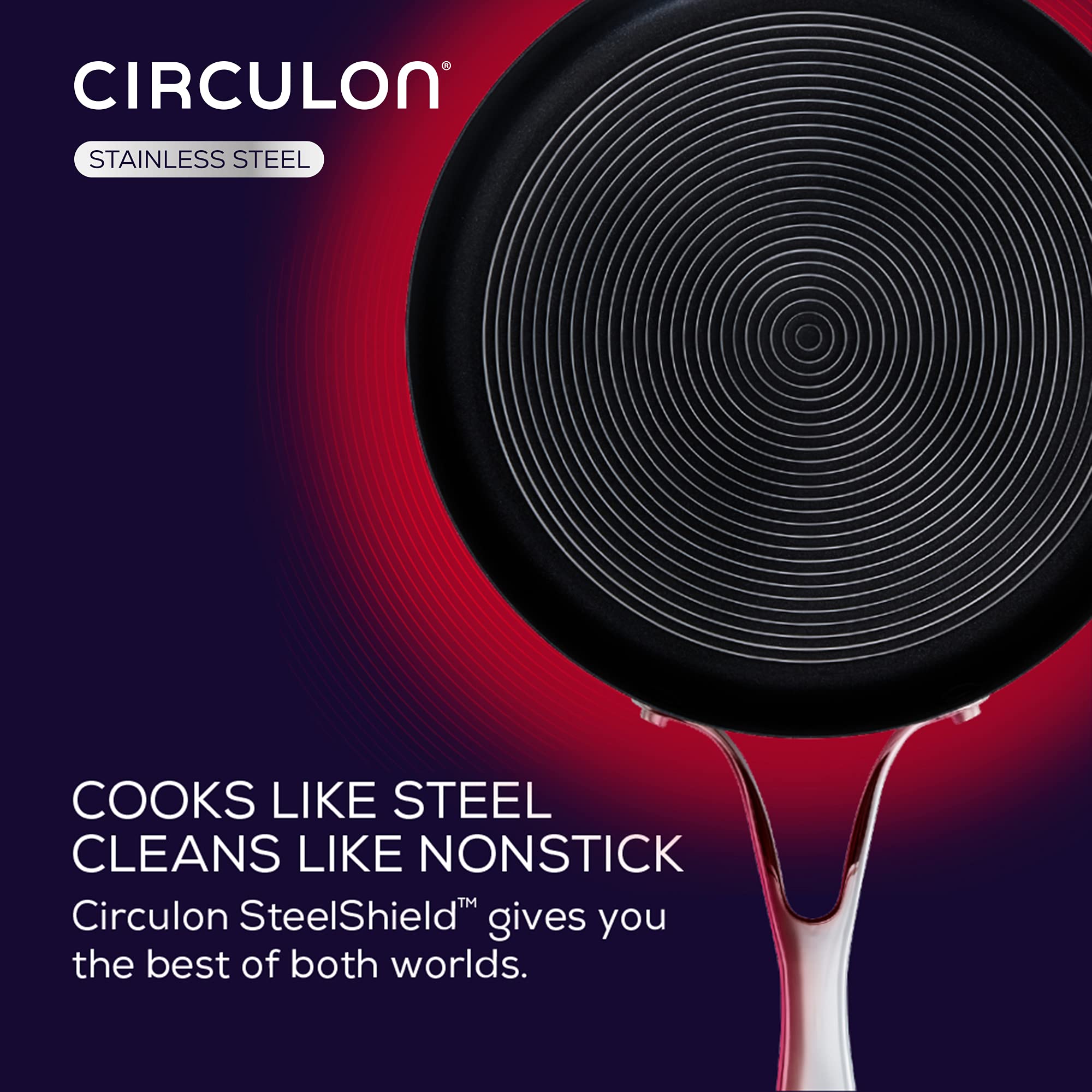 Circulon Steelshield 30cm Stainless Steel Saute Pan with Glass Lid - 4.7L Induction Cookware, Hybrid Nonstick Surface, Oven & Dishwasher Safe, Metal Utensil Friendly - Perfect for Searing, Stir-Frying & Sauteing at Home