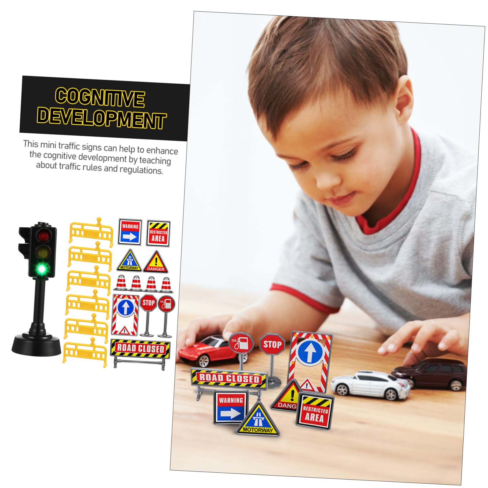 Kids Mini Traffic Toys Set - Mini Road Cones, Road Signs, Traffic Signal Light, Street Sign with Sound & Light, Plastic Educational Toys for Indoor & Outdoor Play