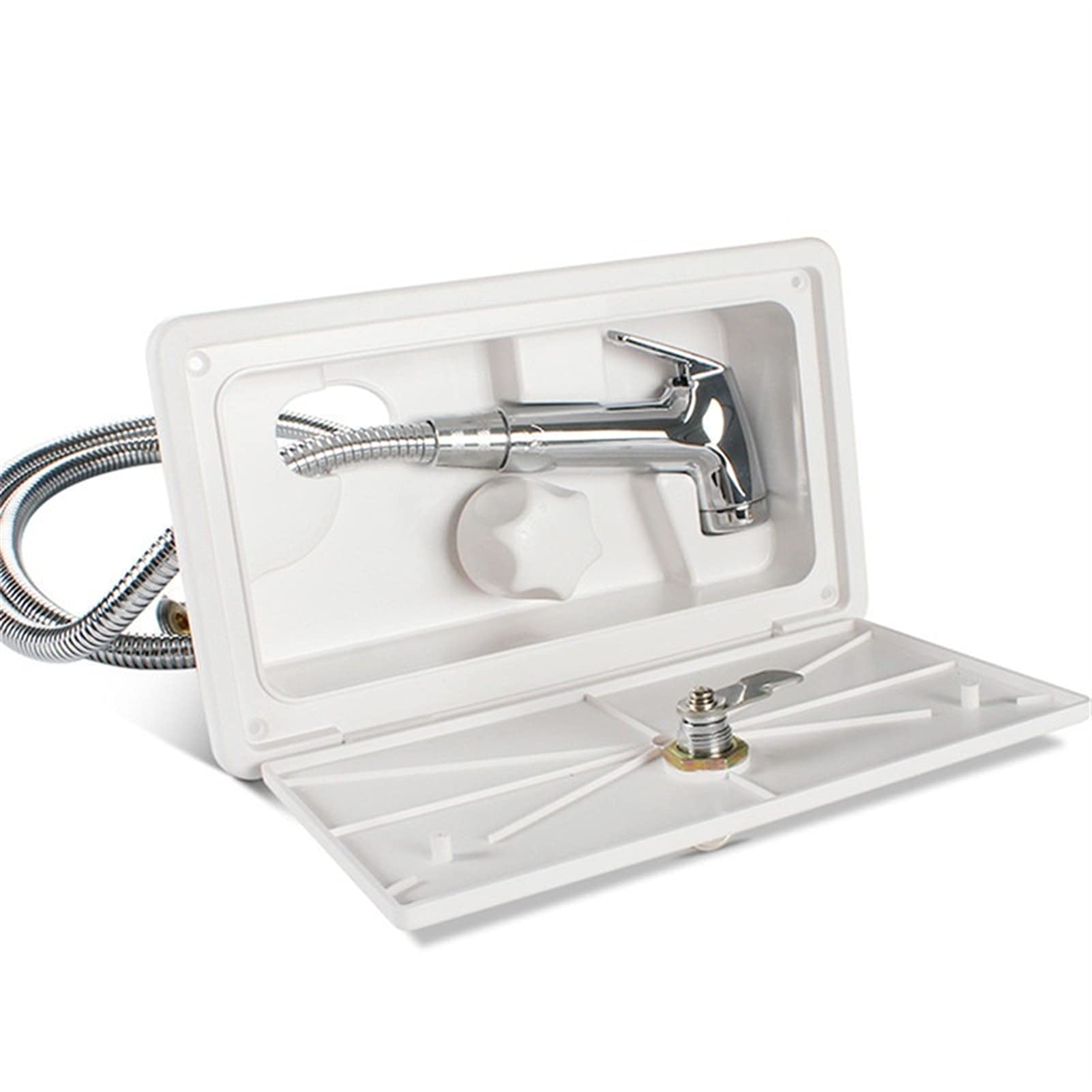 RV Shower Box Kit with Lock - Includes Shower Faucet, Hose & Wand - White - Perfect for Boat, Marine, Camper, Motorhome & Caravan Upgrades