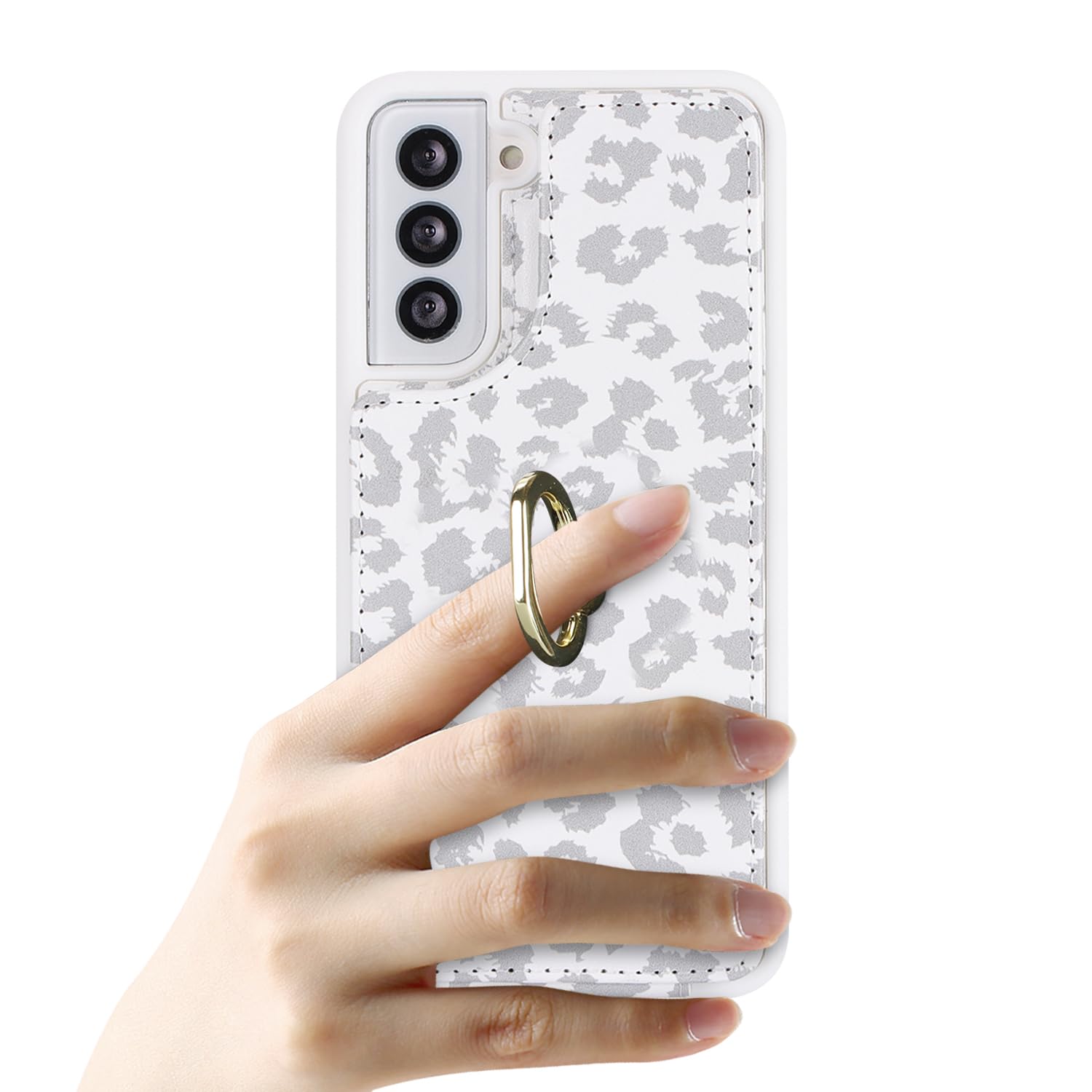 Samsung Galaxy S21 5G Wallet Case with Card Holder & Ring Stand - Cute White Leopard Design for Women (6.2