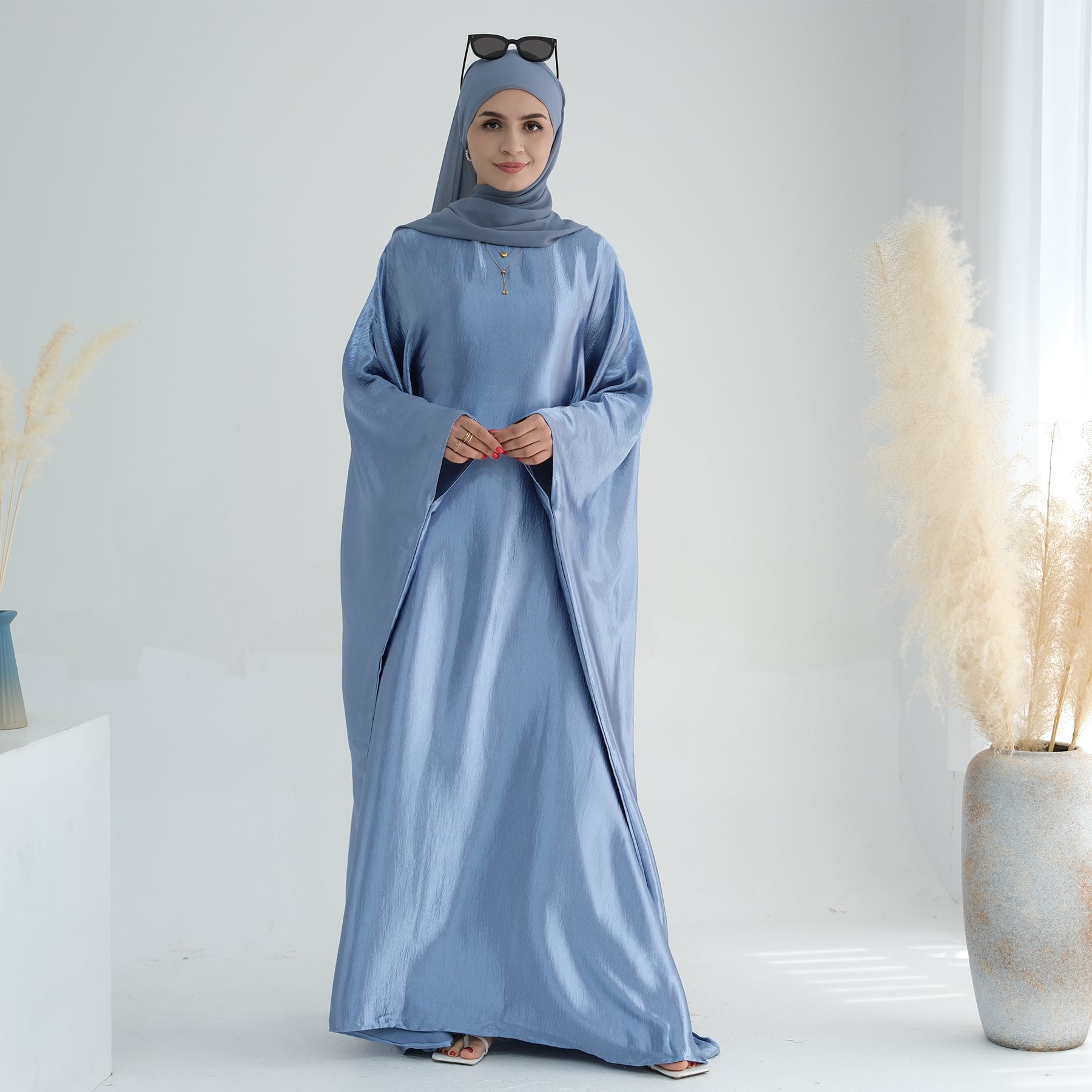 Elegant Blue Butterfly Satin Abaya Dress for Women - Modest Islamic Prayer Dress & Special Occasion Wear