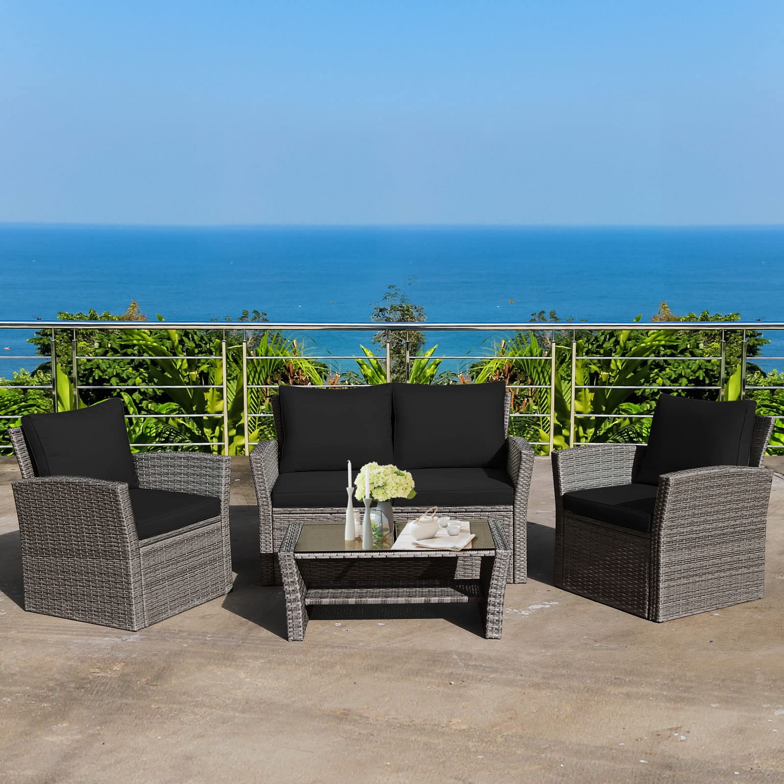 Tangkula 4-Piece All-Weather Outdoor Patio Furniture Set - Black Rattan Sectional Sofa with Cushions & Tempered Glass Table - Durable Wicker Conversation Set for Backyard, Garden, Poolside, Deck or Patio Relaxation