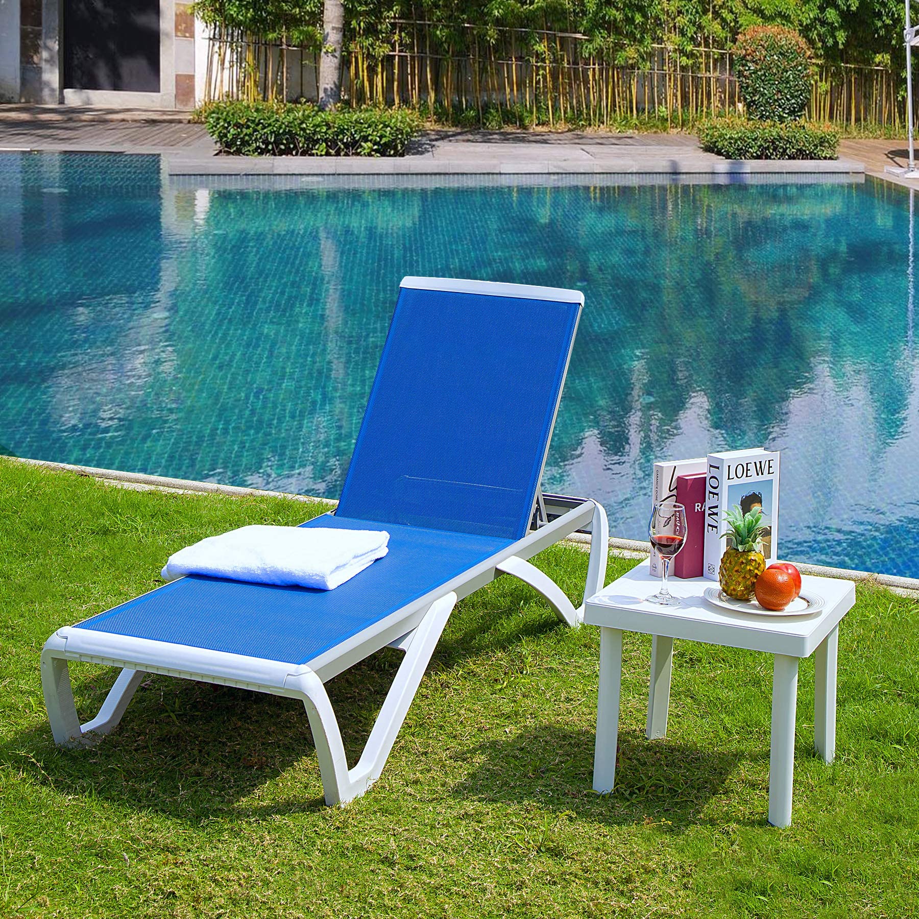 **Domi Adjustable Aluminum Pool Lounge Chair - All-Weather Outdoor Chaise Lounge with Side Table - Textilene Fabric for Deck, Lawn, Backyard & Poolside Relaxation (Blue)**