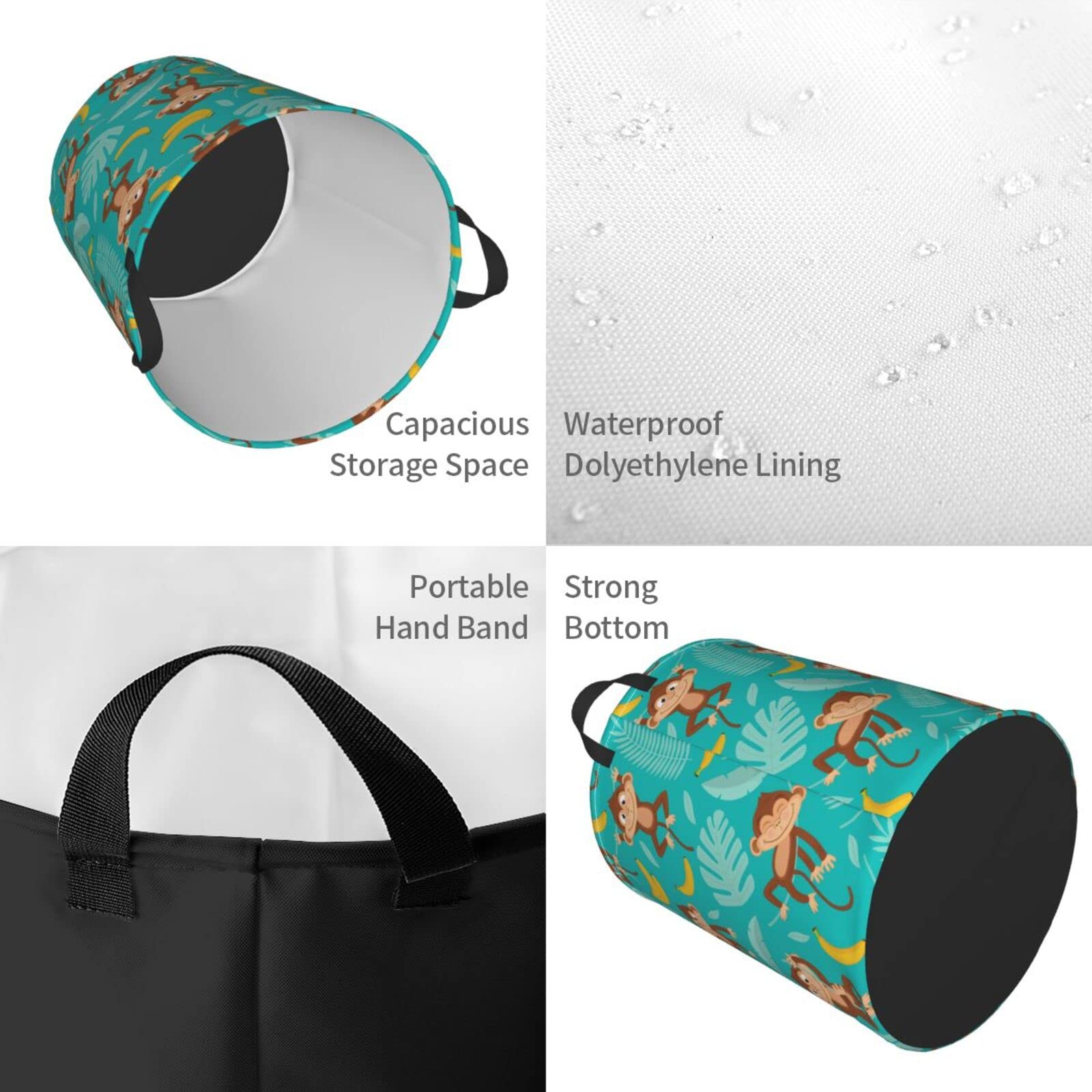 Collapsible Monkey Laundry Basket with Handle - Waterproof Fabric Hamper for Clothes, Toys & Bathroom Storage | Large Foldable Laundry Bin Organizer for Home, Dorm & Travel | Cute Tropical Banana Design