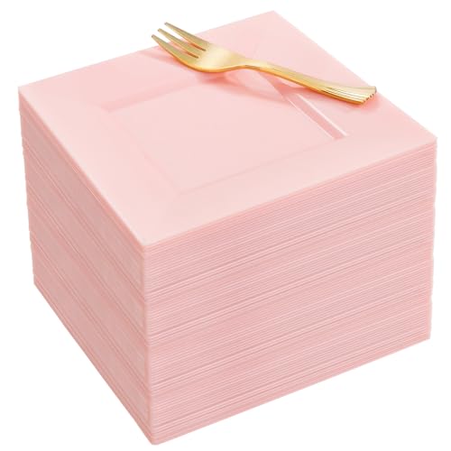 100pcs Pink Square Dessert Plates with Gold Dessert Forks