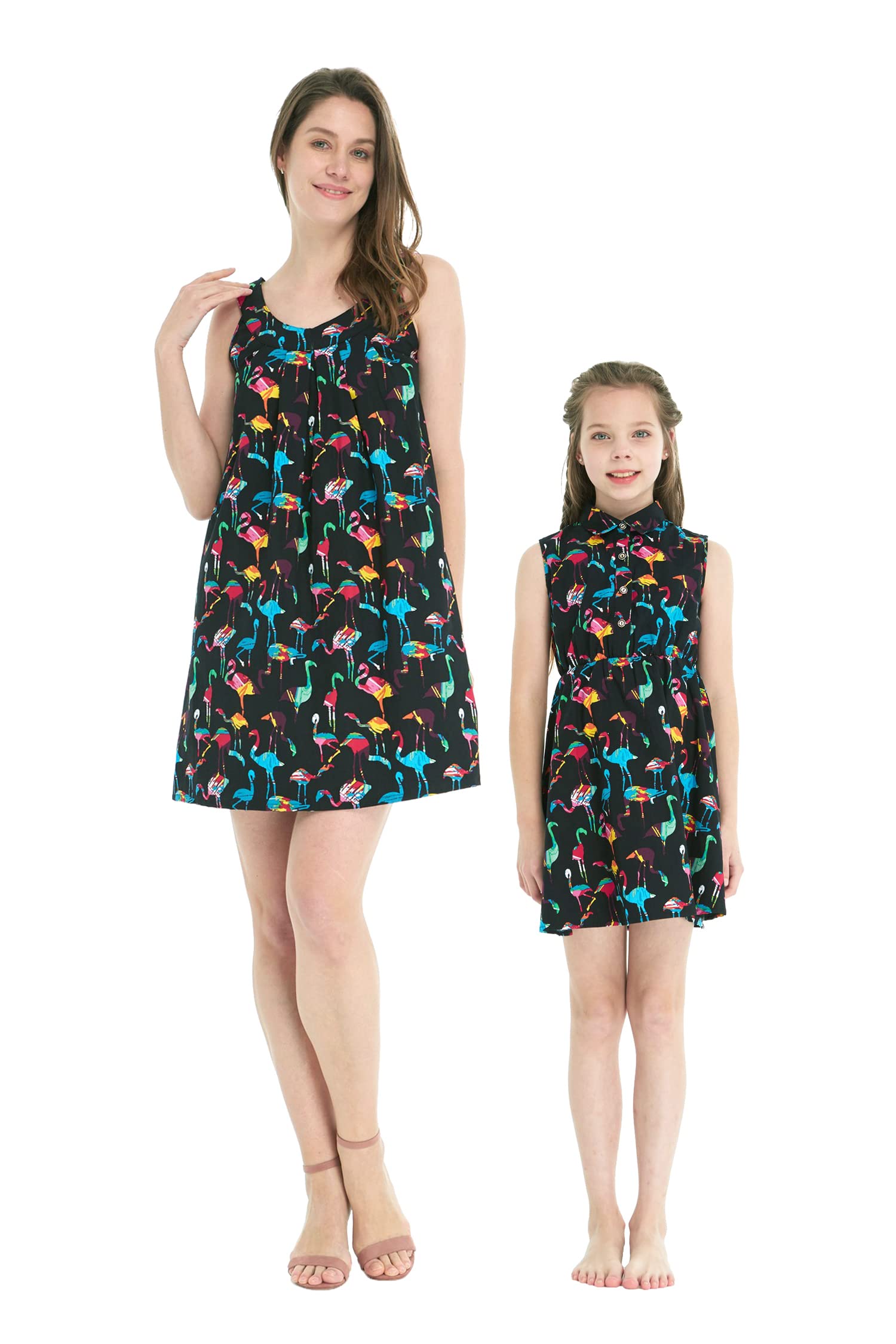 Stylish Matching Hawaiian Luau Mother Daughter Flamingo Print Shift Dress - Perfect for Beach Parties, Family Vacations & Summer Outfits