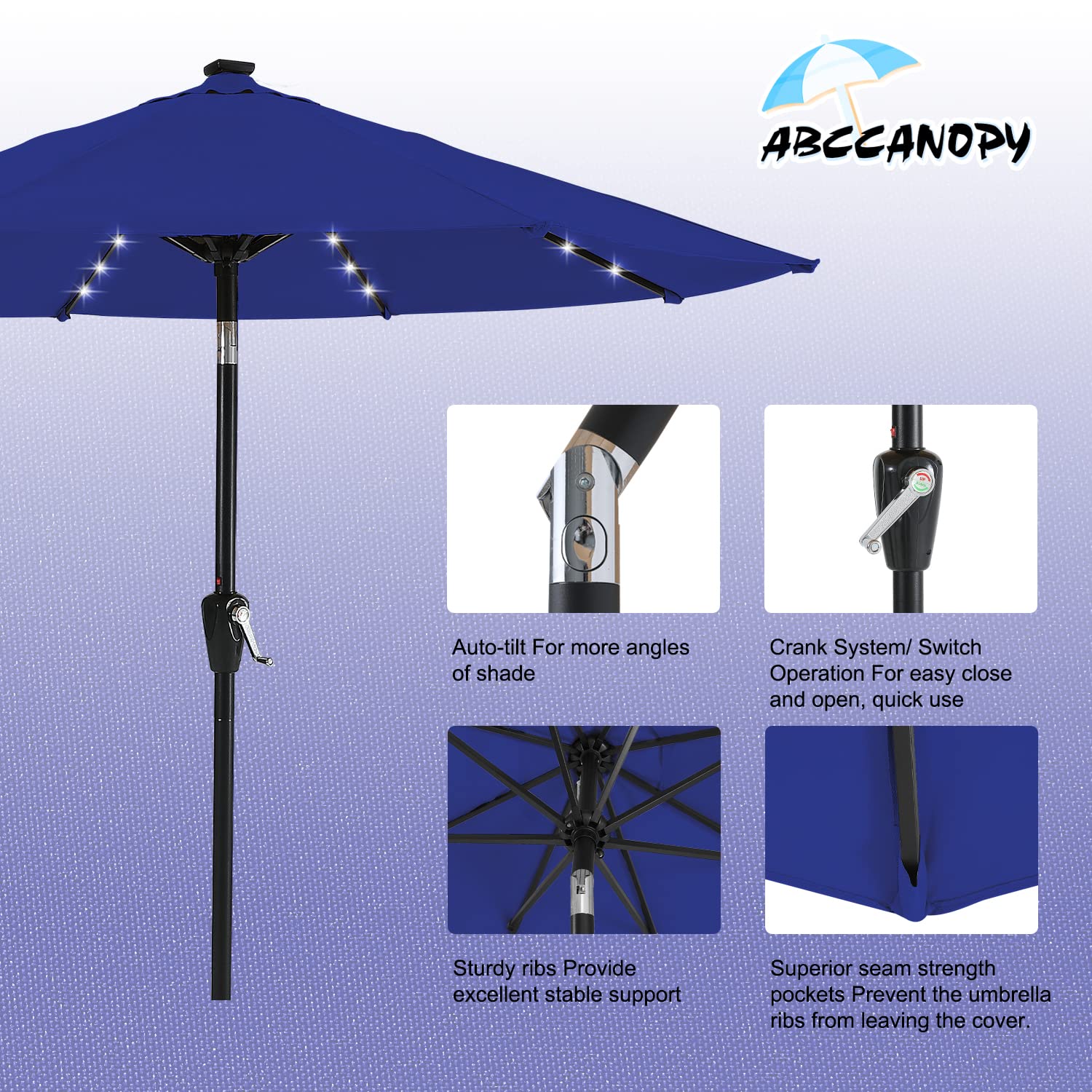 Durable 9FT Solar LED Patio Umbrella with 32 LED Lights - Blue Outdoor Canopy for Garden, Poolside & Backyard Relaxation