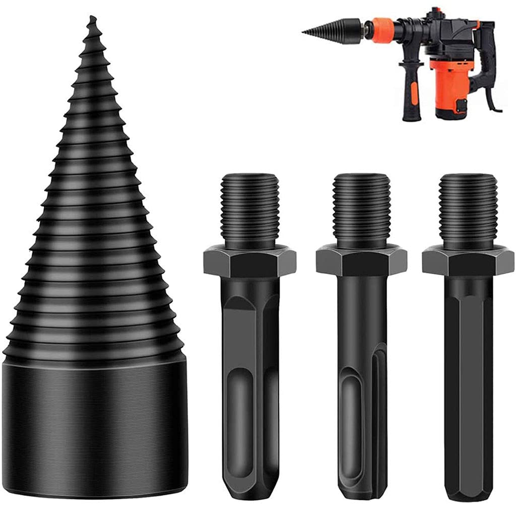 Heavy Duty 3-Piece Removable Firewood Log Splitter Drill Bit Set - 32mm Screw Cone Kindling Cracker for Hand Drill | Perfect for Camping, Fireplace & Woodworking Projects